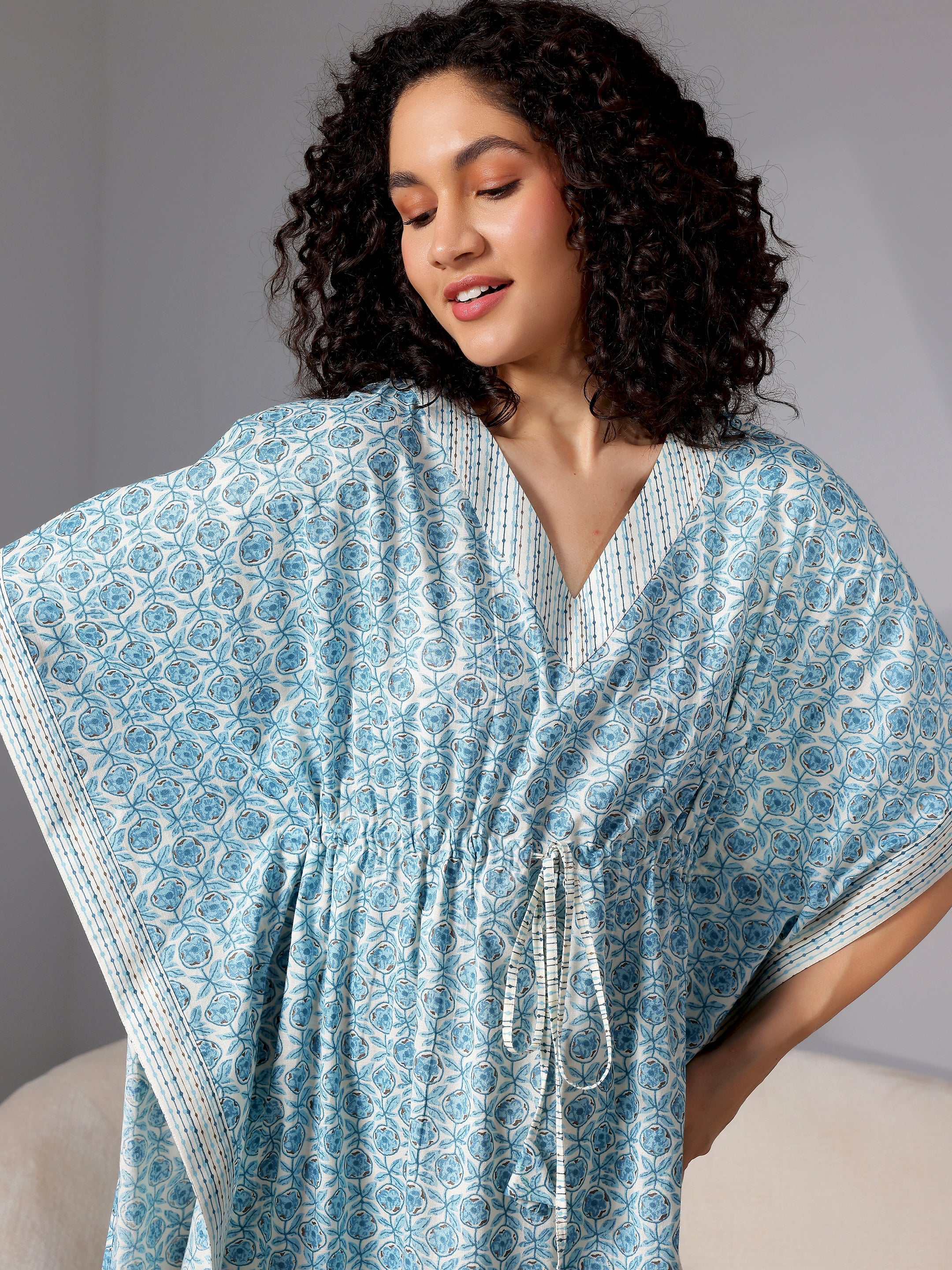 Blue Printed Cotton Kaftan Night Dress