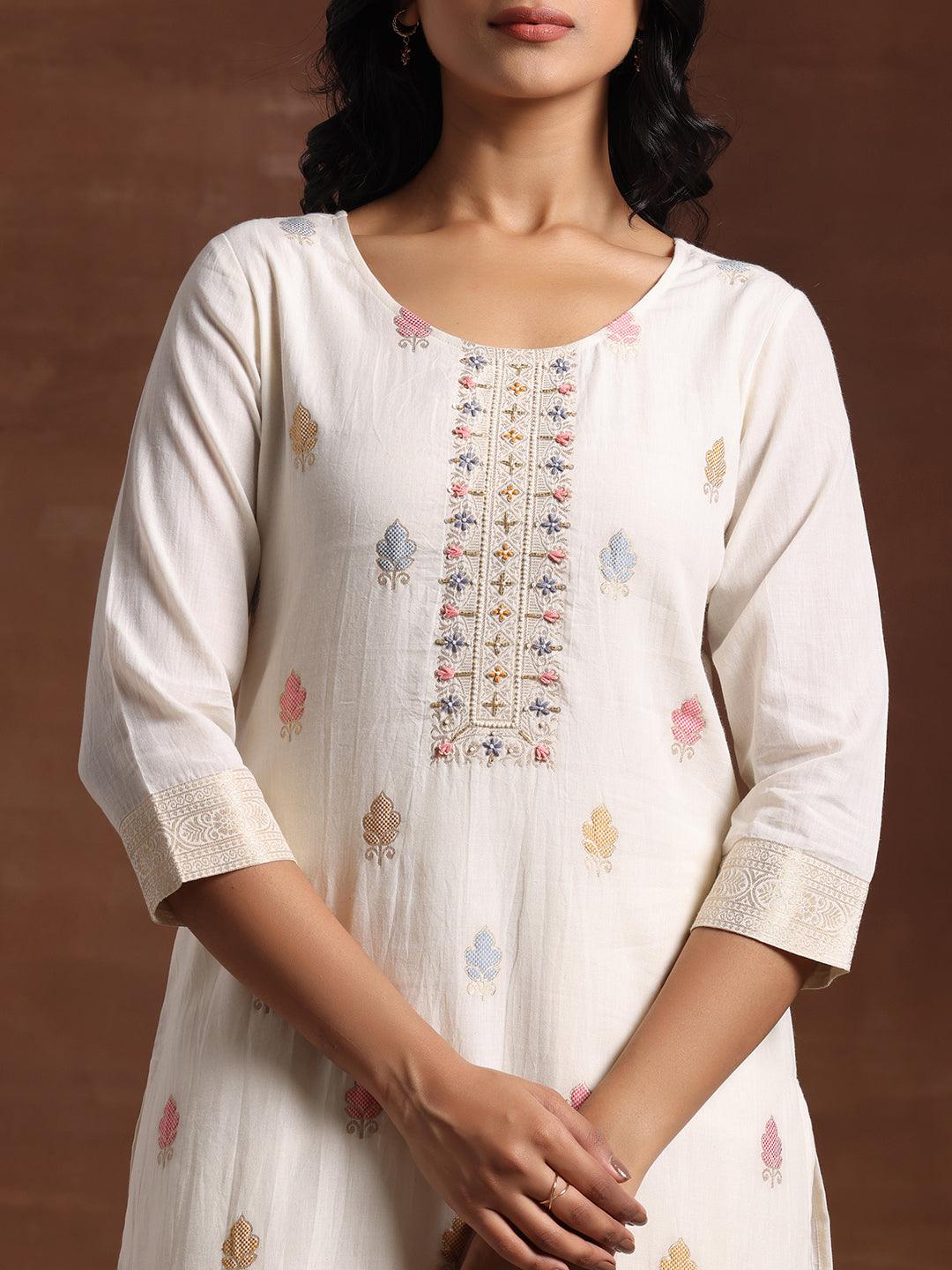 Off White Woven Design Cotton Straight Suit With Dupatta