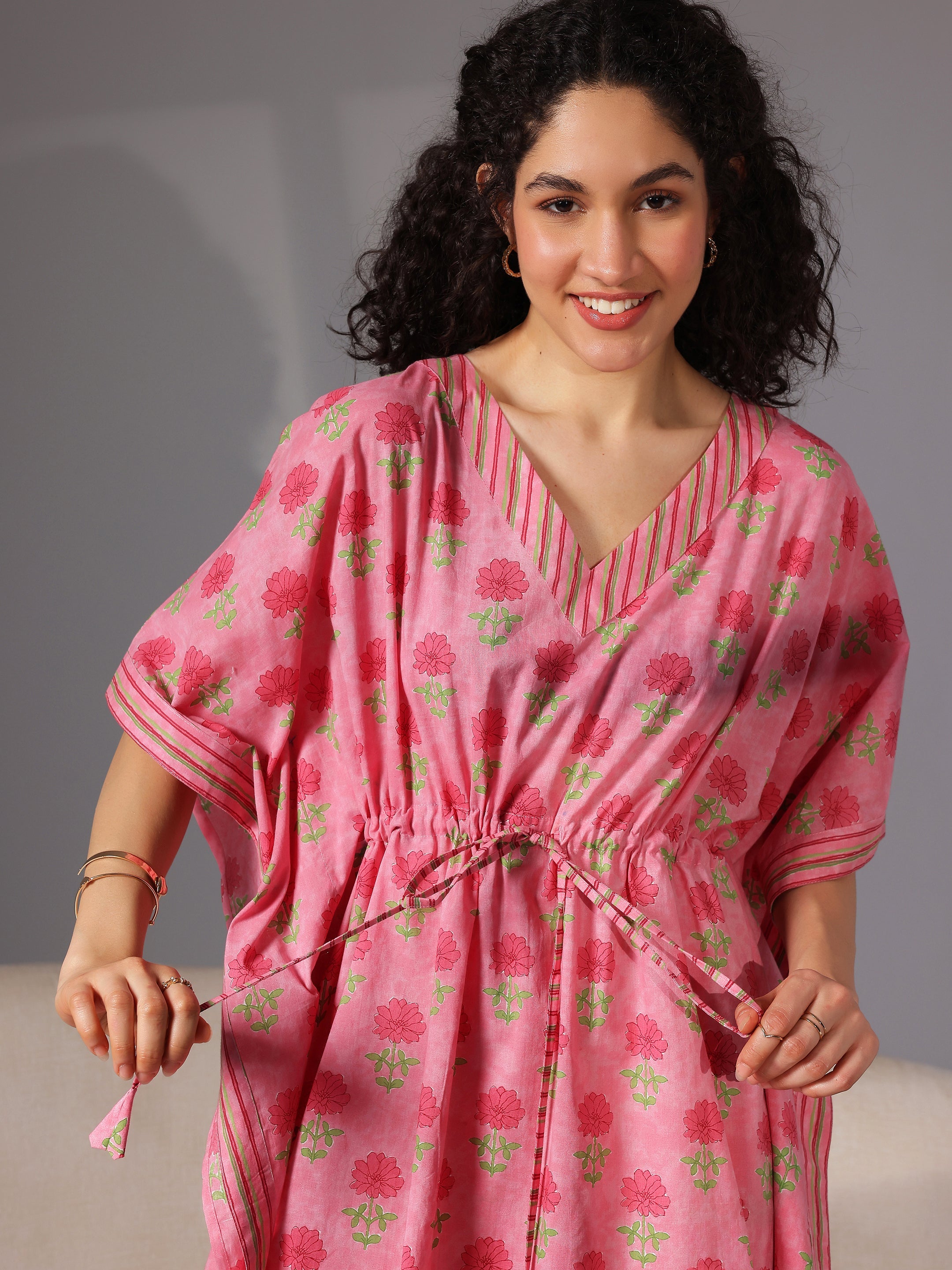 Pink Printed Cotton Kaftan Night Dress