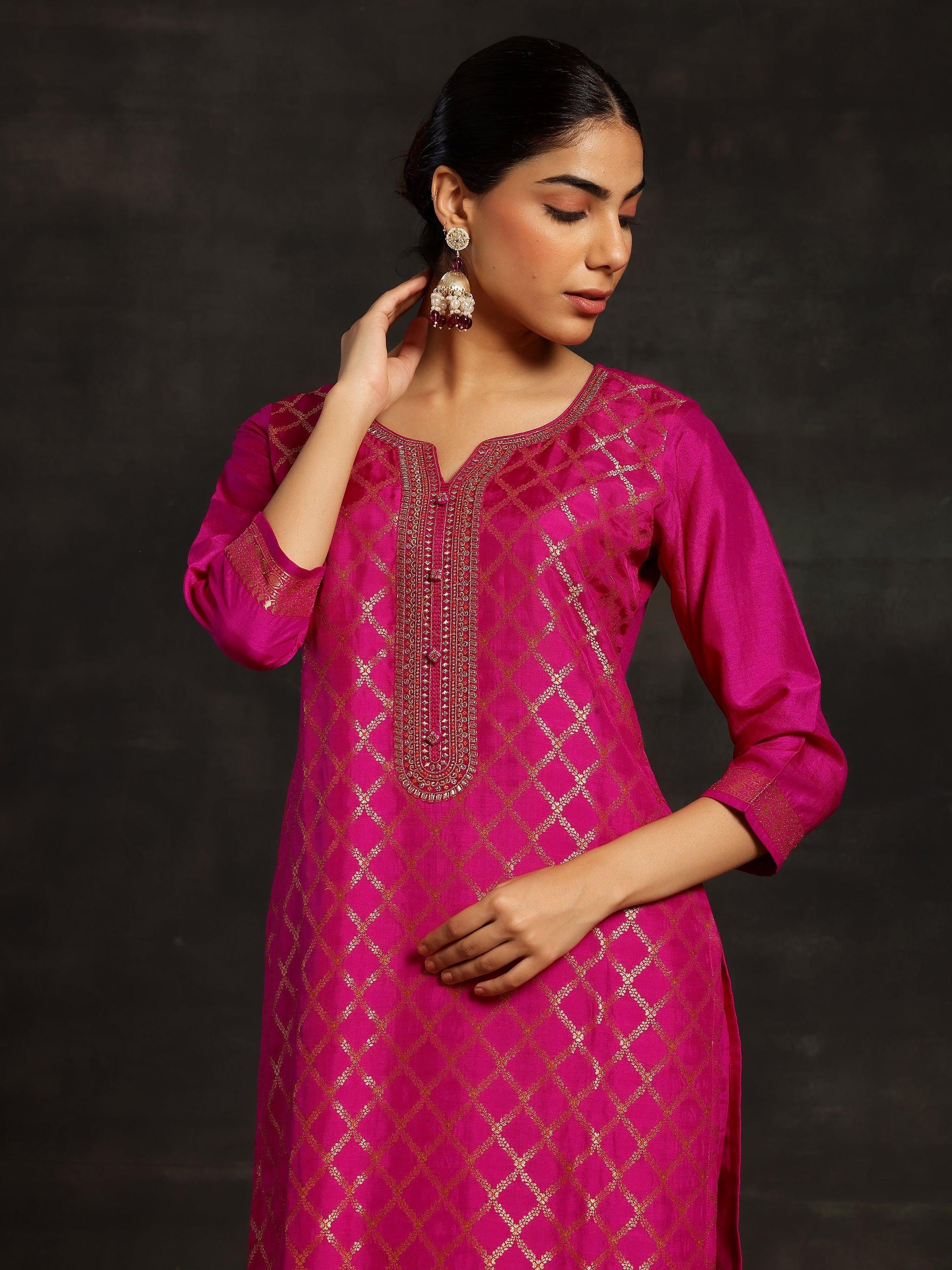 Pink Woven Design Silk Blend Straight Suit With Dupatta