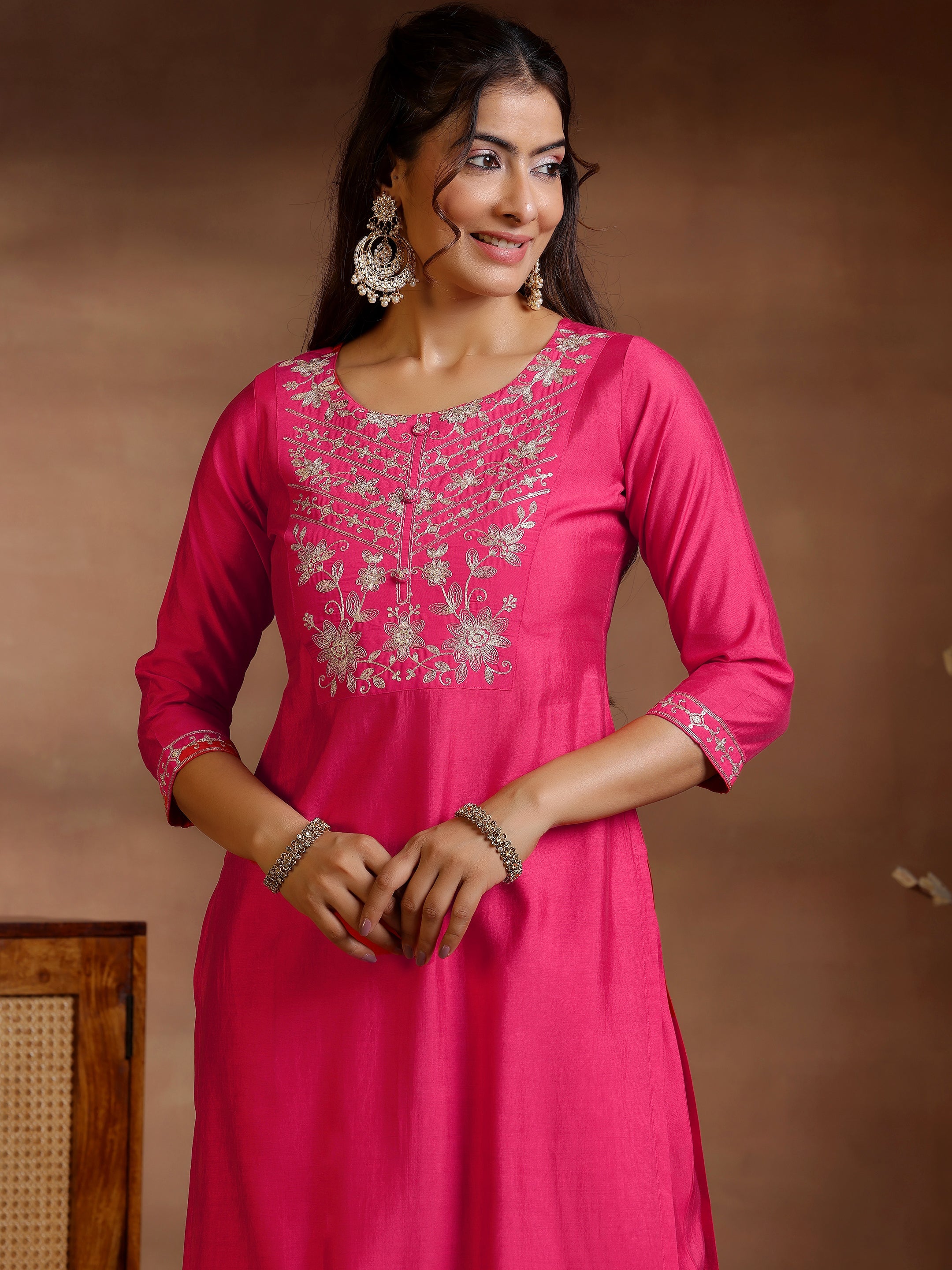 Pink Yoke Design Silk Blend Straight Suits With Dupatta