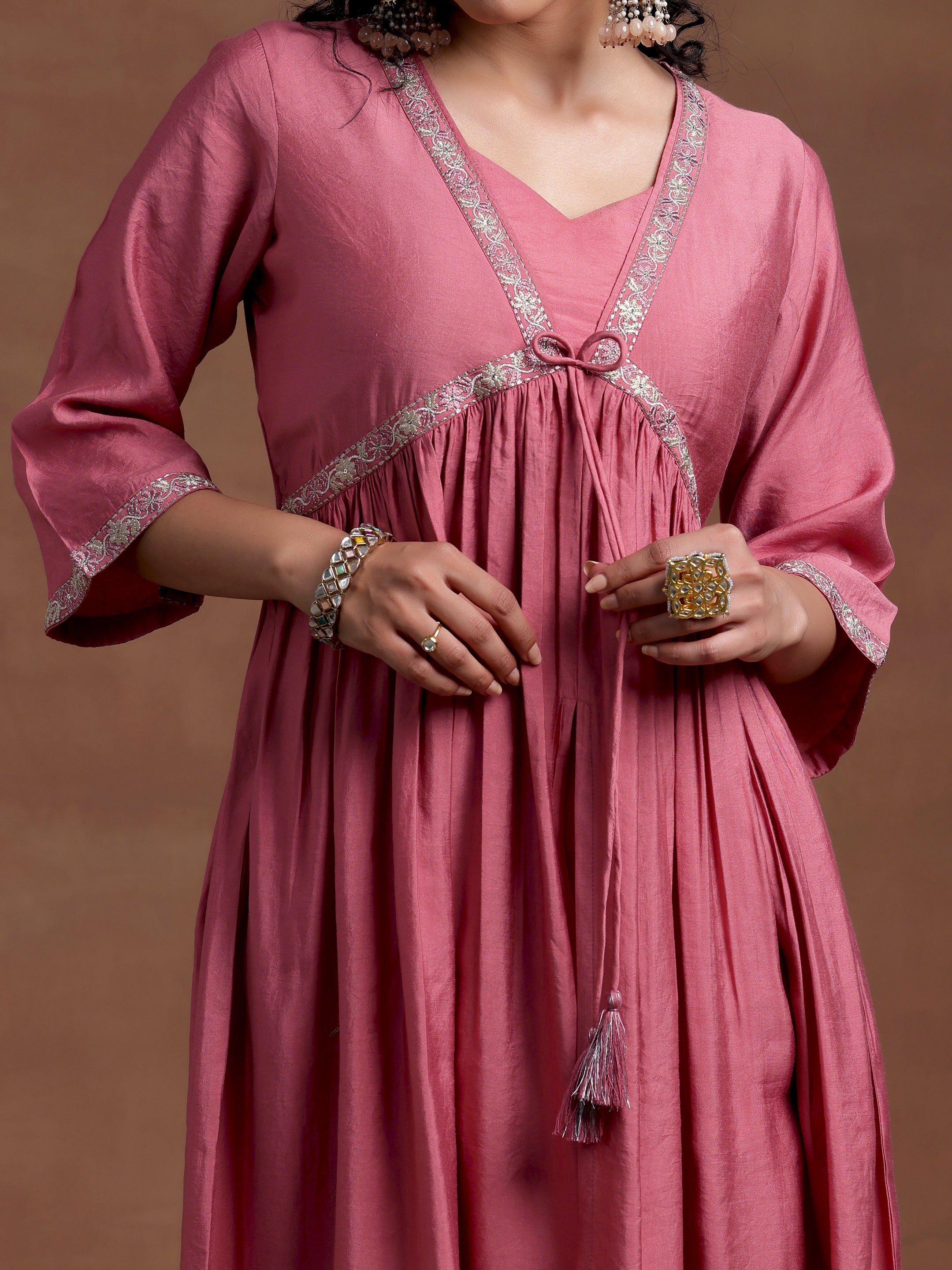 Peach Solid Silk Blend A-Line Kurta With Trousers