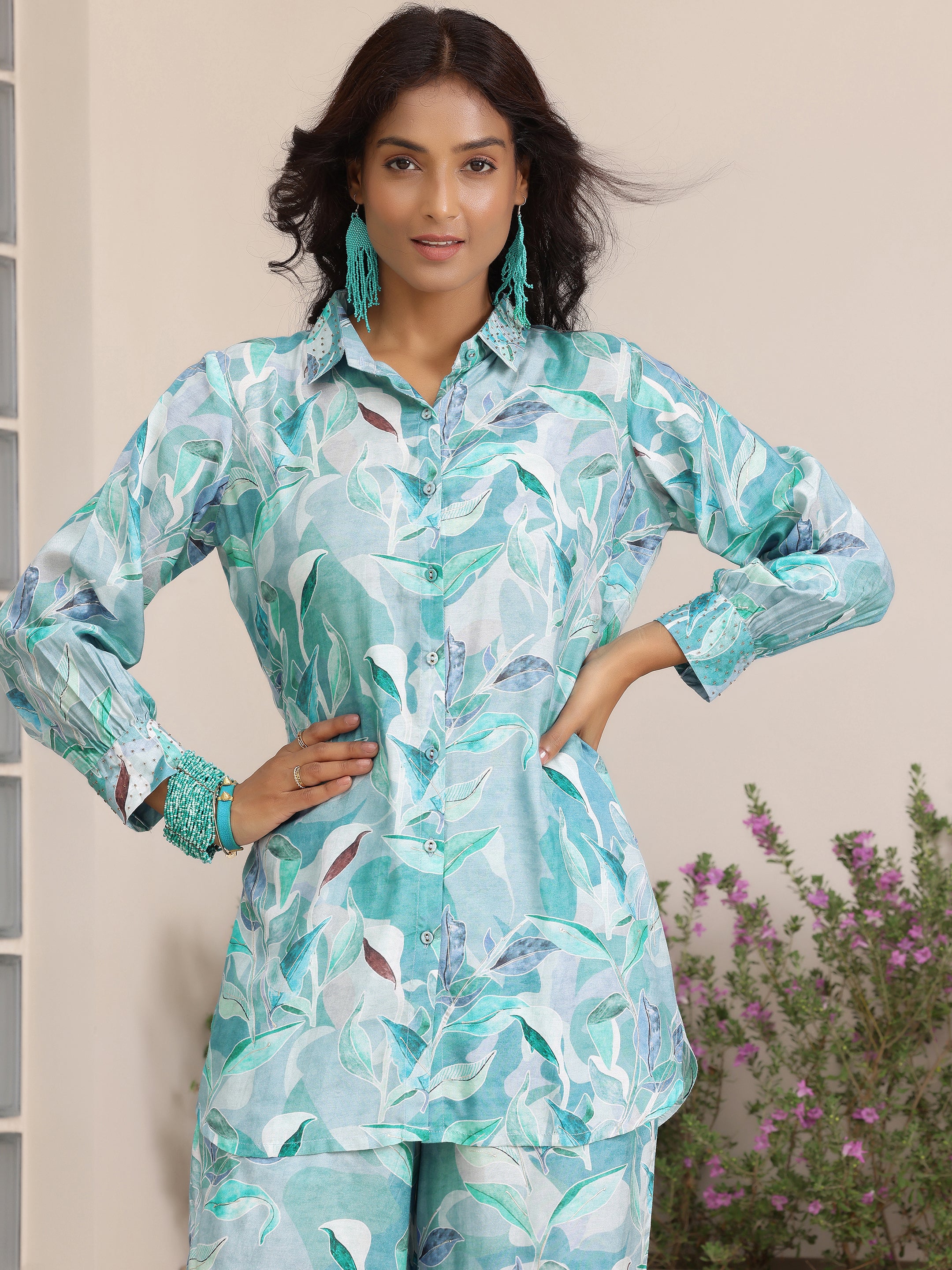 Blue Printed Silk Blend Co-Ords