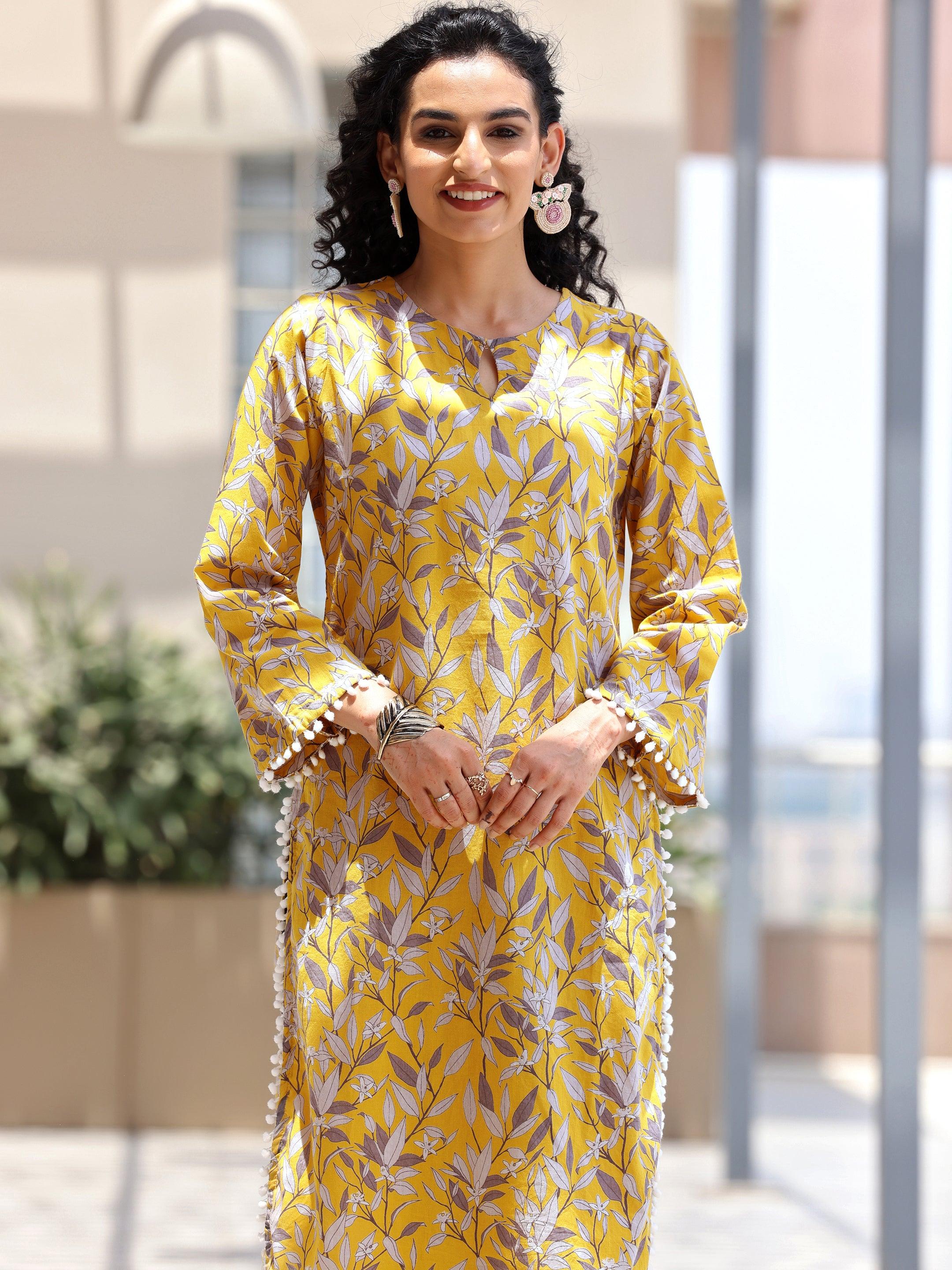 Mustard Printed Cotton Pathani Kurta Set