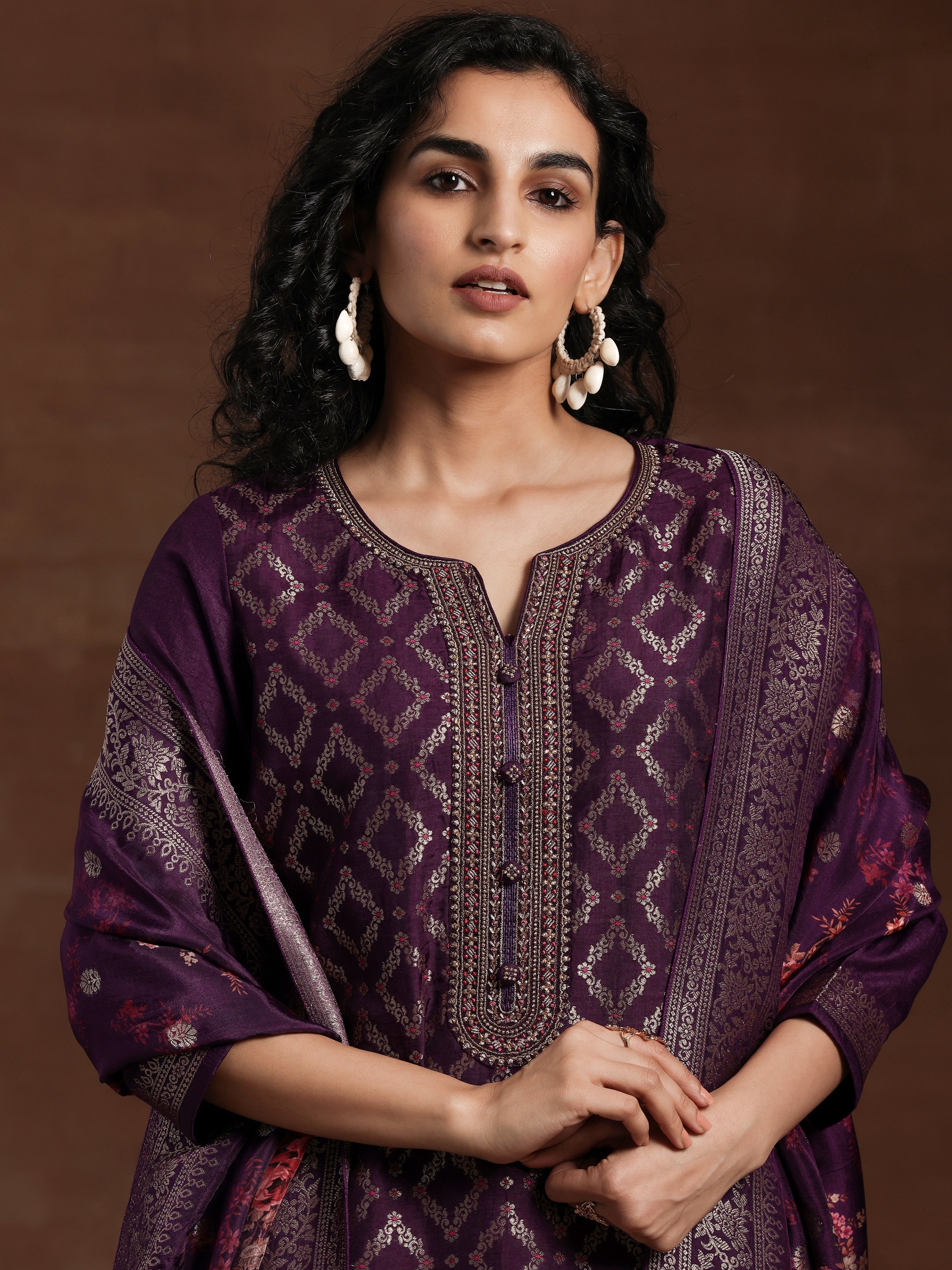 Purple Woven Design Silk Blend Straight Suit With Dupatta