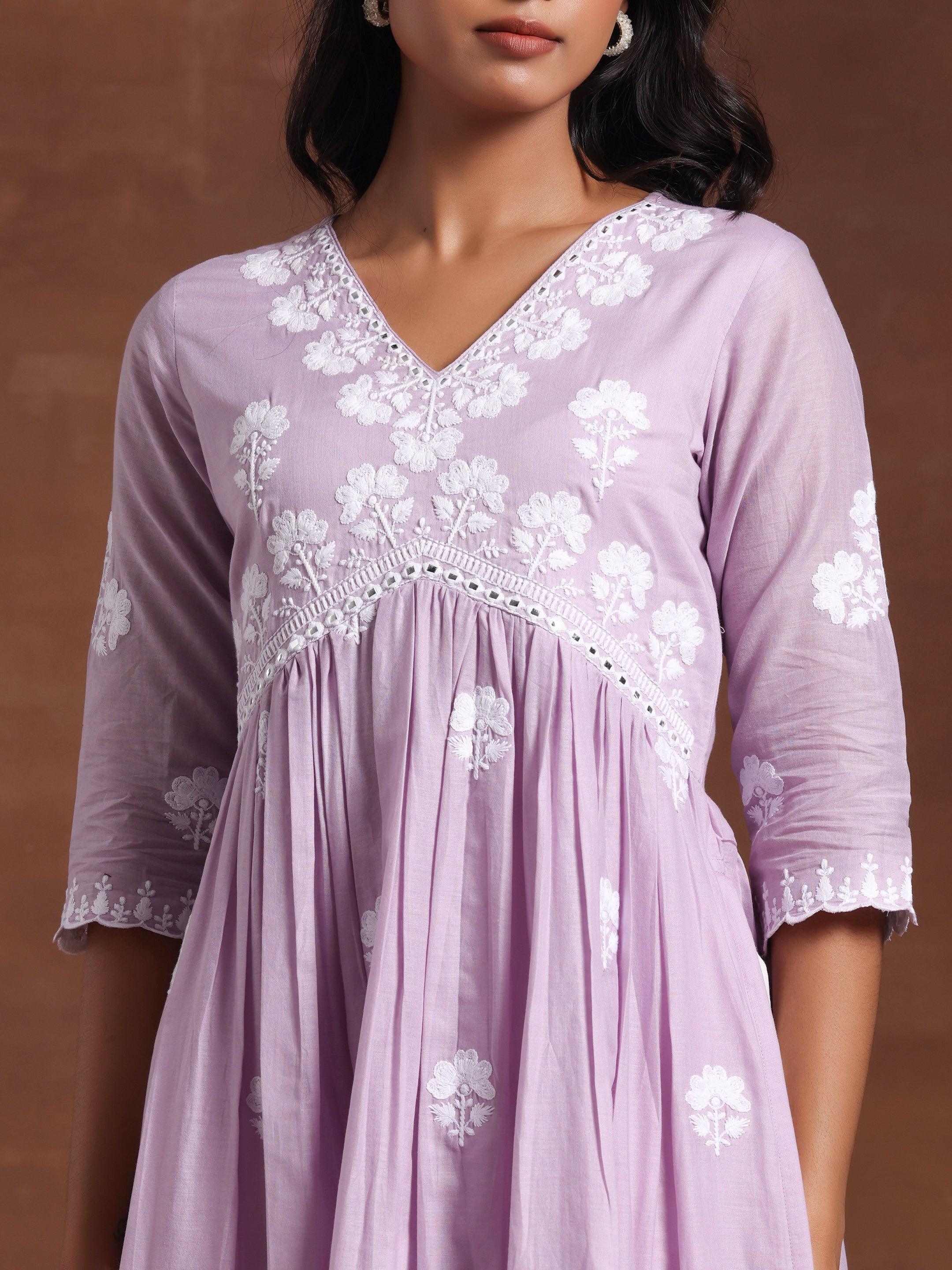 Lavender Embroidered Cotton A-Line Kurta