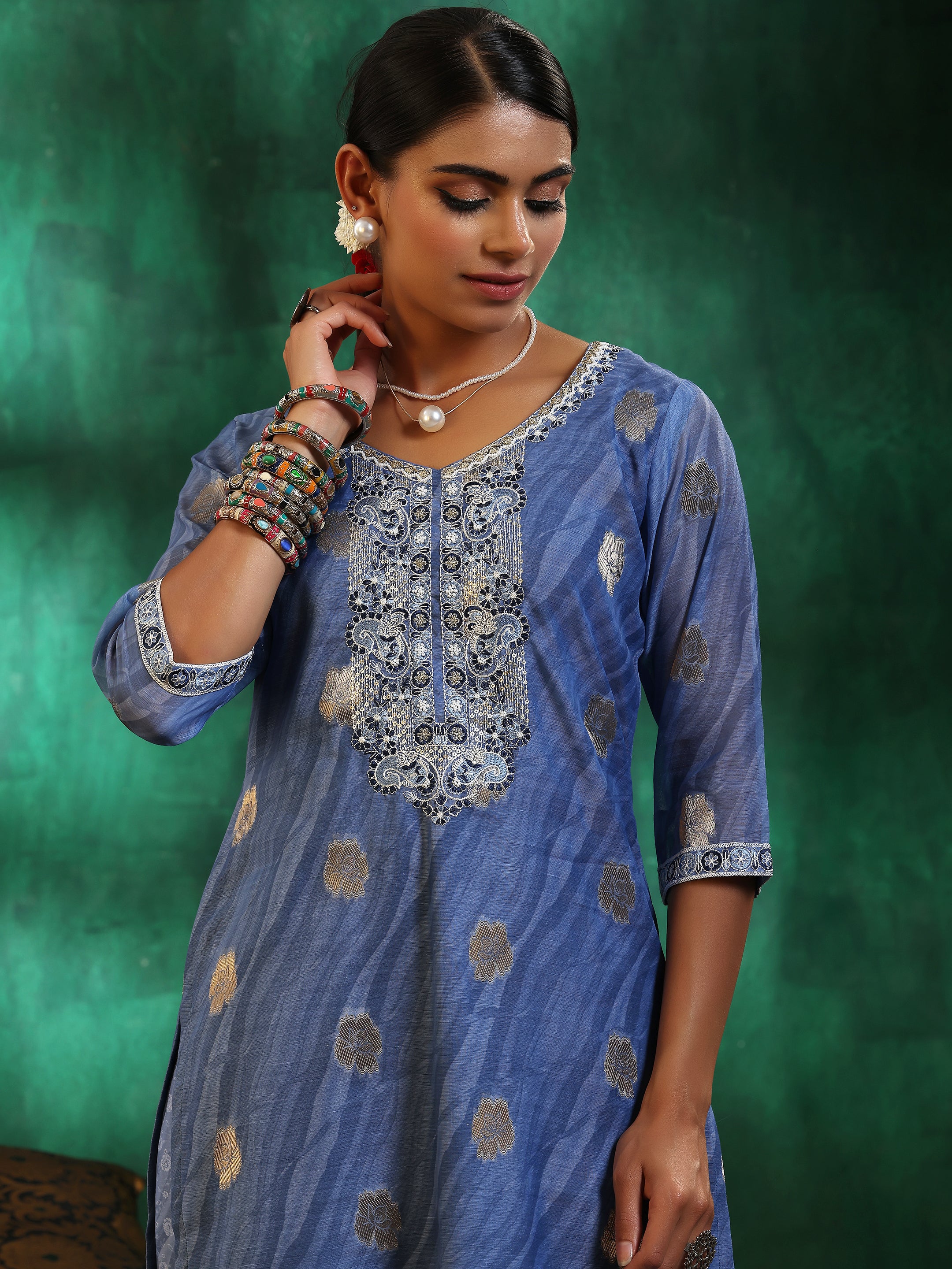 Blue Printed Silk Blend Straight Suit With Dupatta