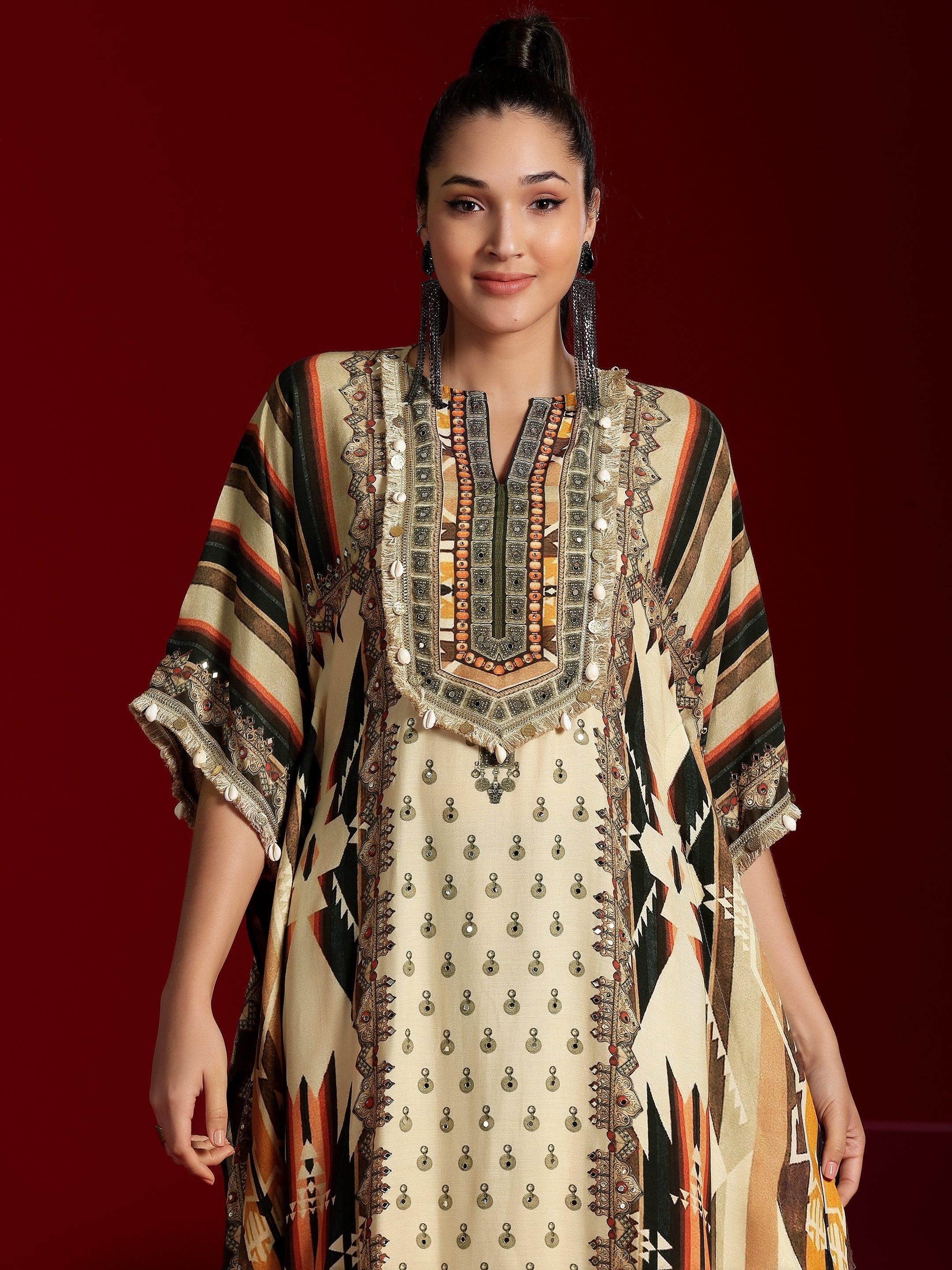 Libas Art Beige Printed Silk Blend Co-Ords