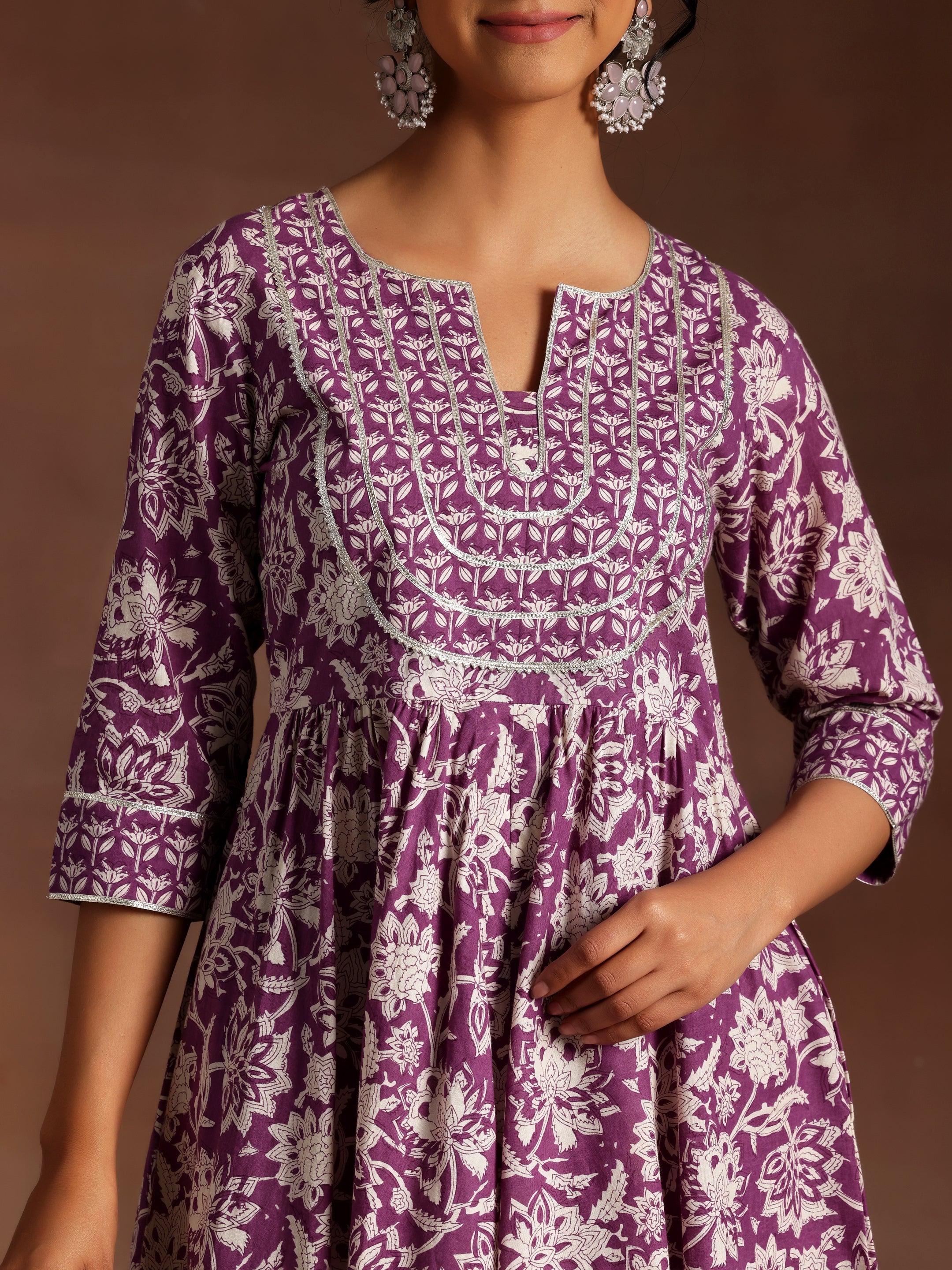 Purple Printed Cotton Anarkali Suit With Dupatta