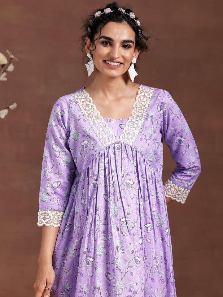 Lavender Printed Cotton Fit and Flare Dress - Libas