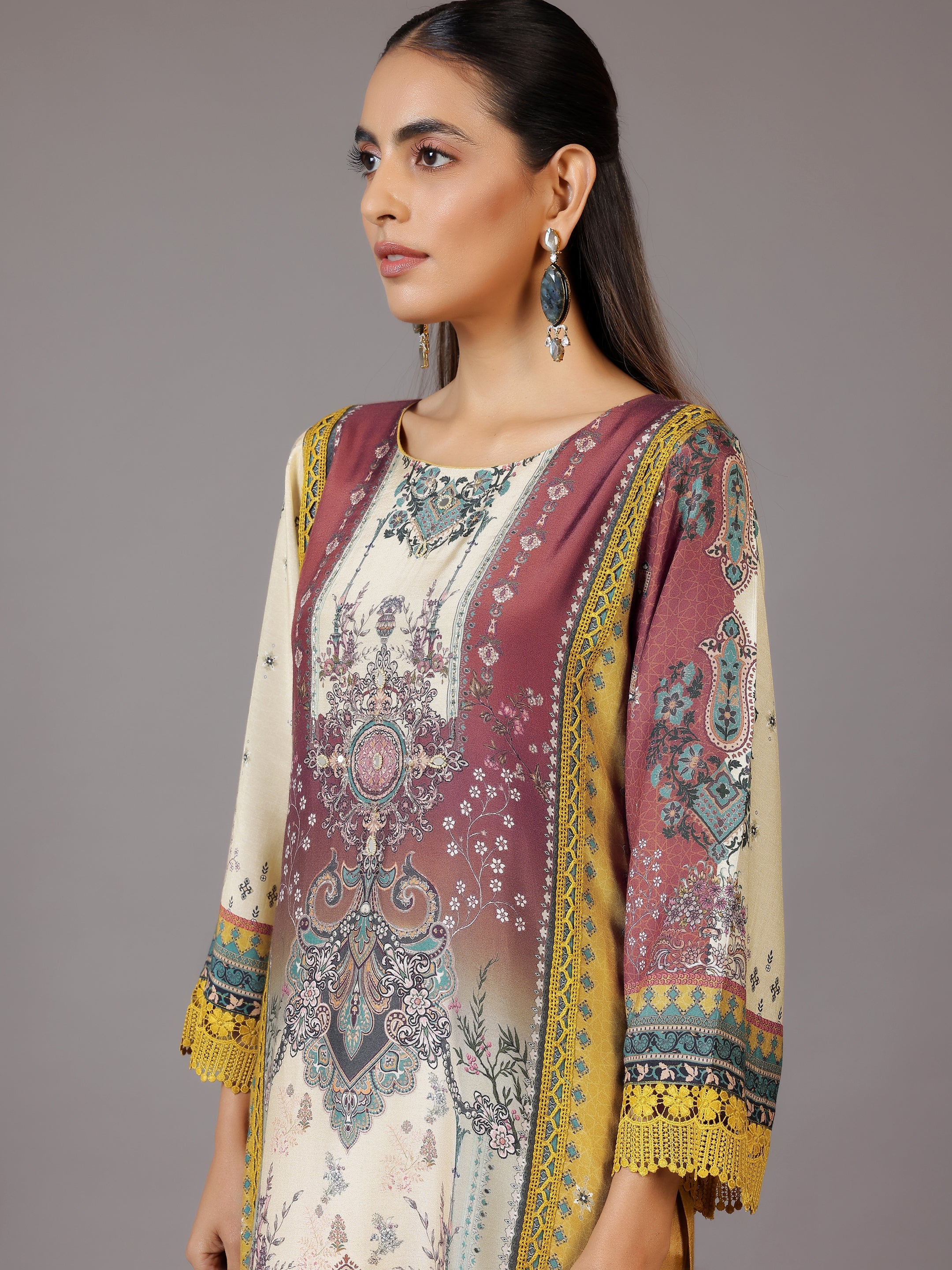 Mustard Printed Silk Blend Straight Suit With Dupatta