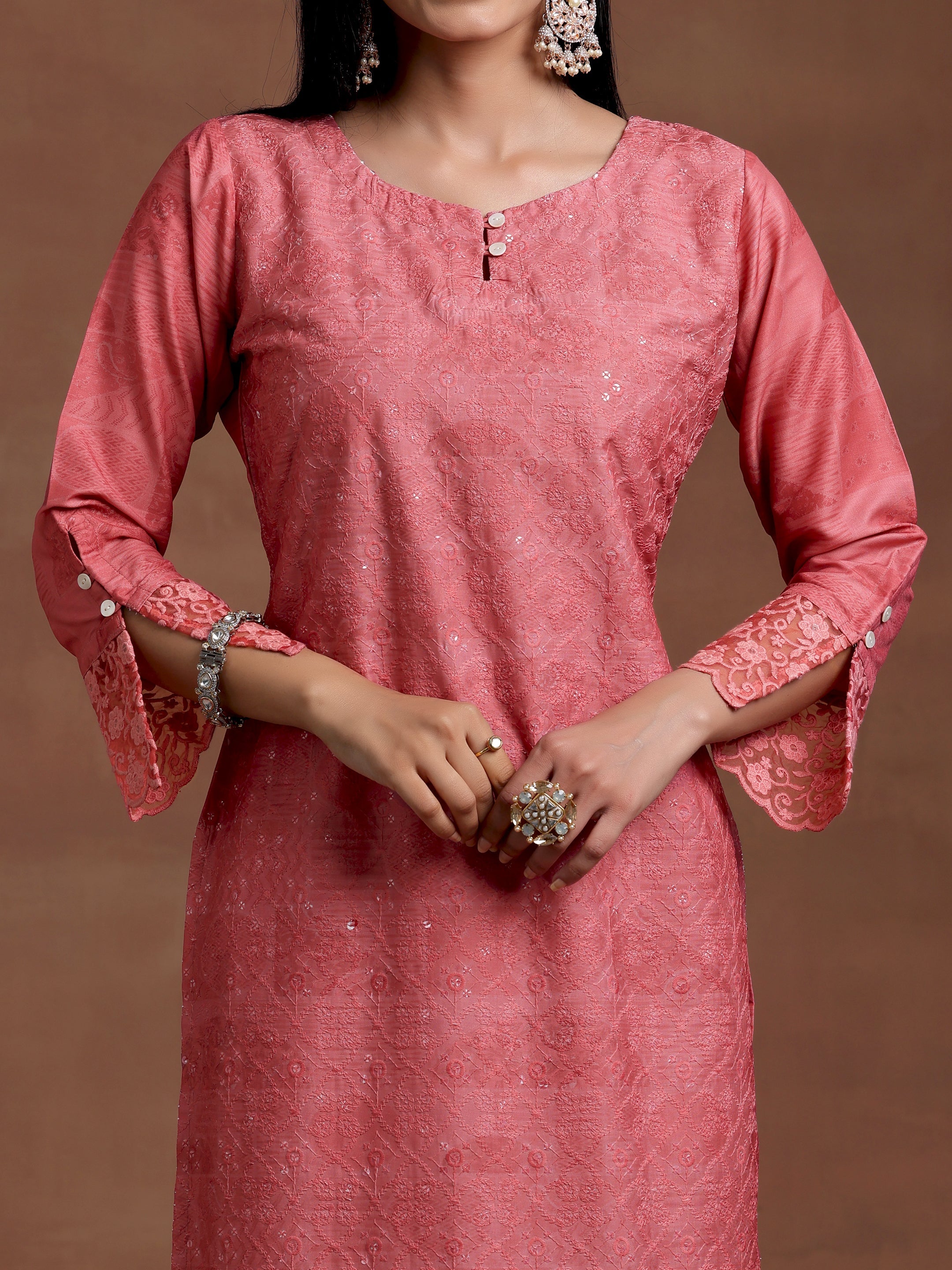 Peach Embroidered Silk Blend Straight Suit With Dupatta