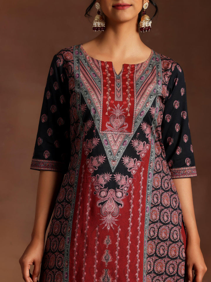 Black Printed Cotton Straight Kurta With Salwar & Dupatta - ShopLibas