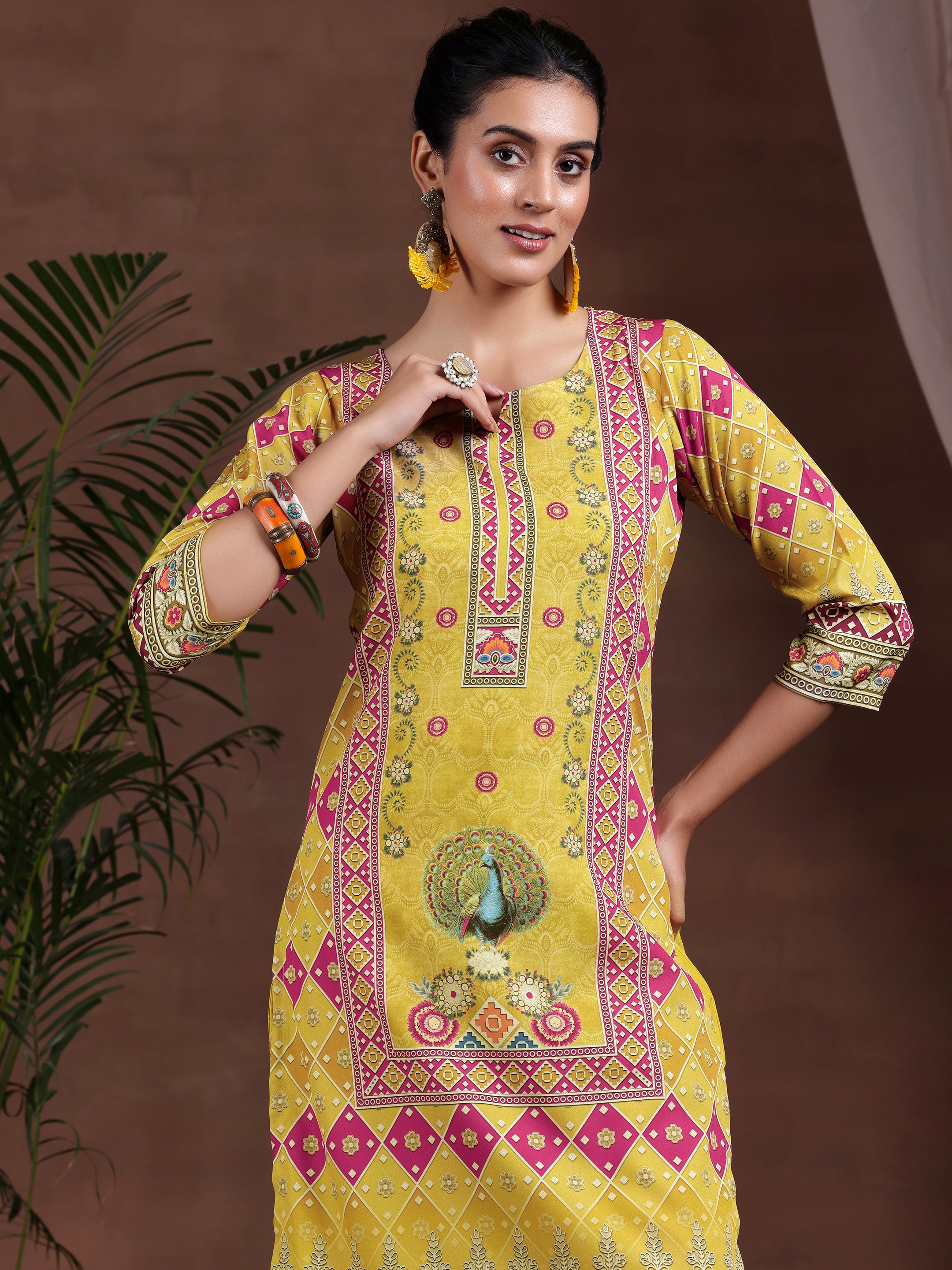 Mustard Printed Poly Crepe Straight Suit With Dupatta