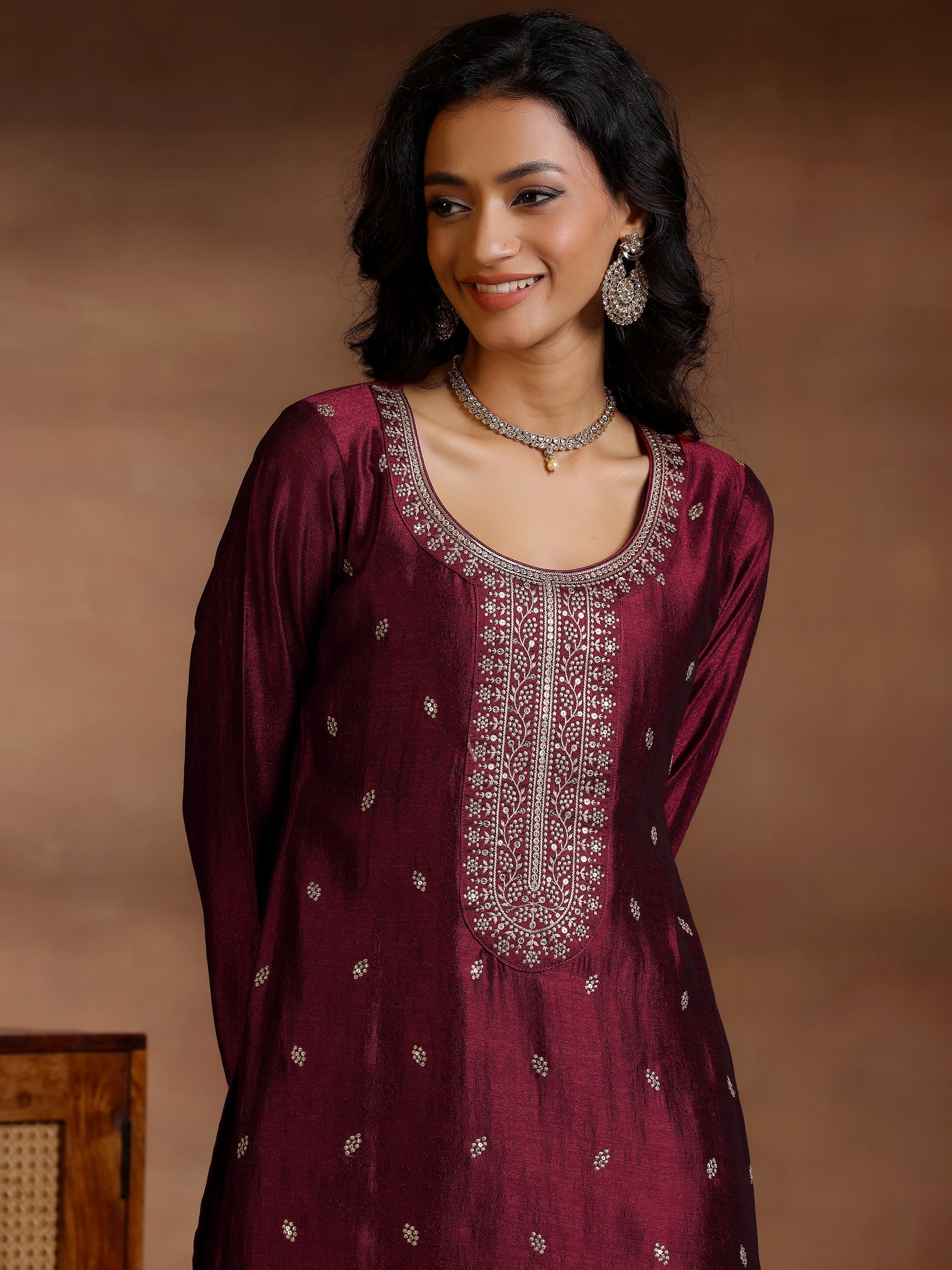 Maroon Embroidered Silk Blend Straight Suits With Dupatta