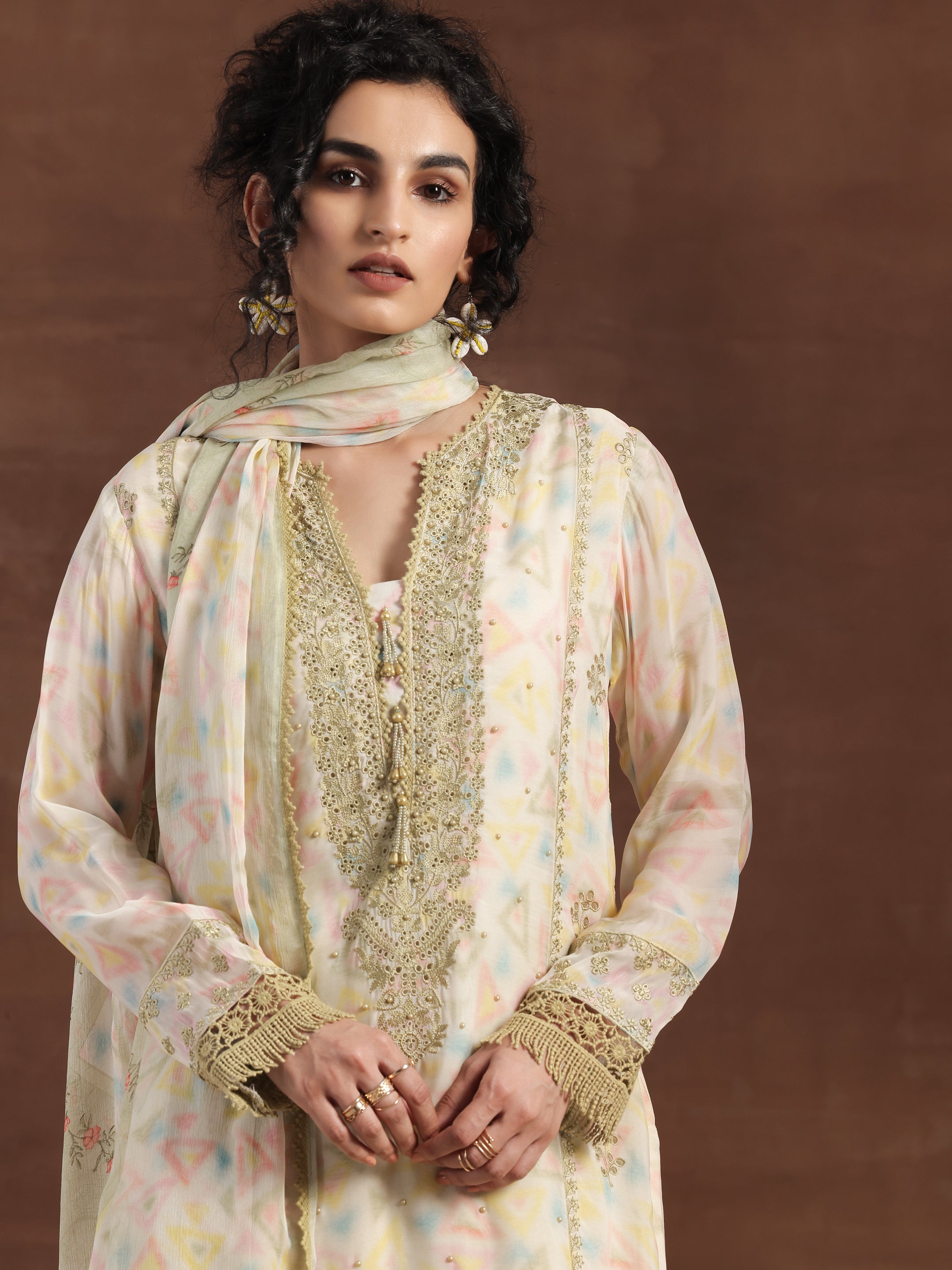 Olive Embroidered Organza Straight Suit With Dupatta