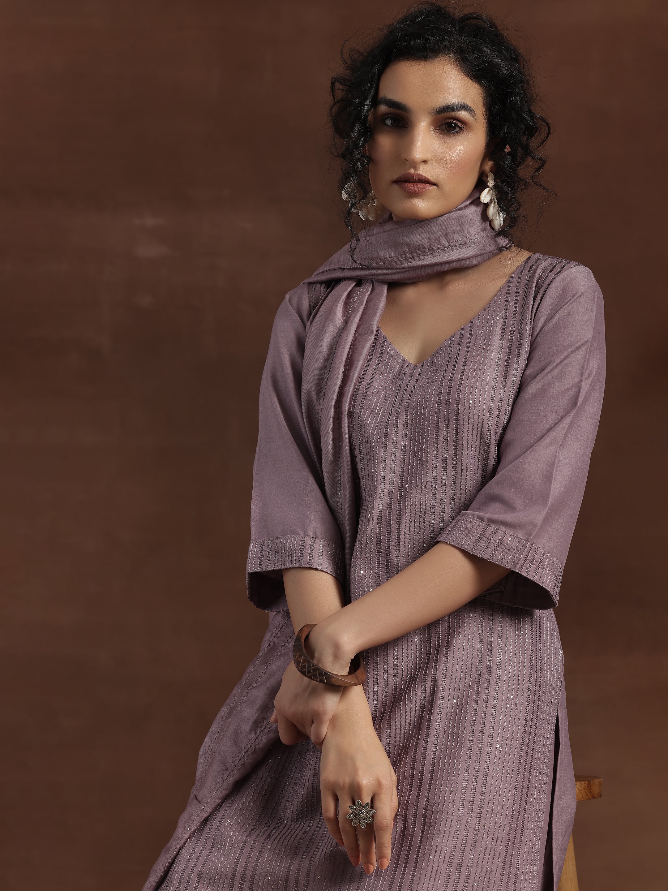 Mauve Self Design Silk Blend Straight Suit With Dupatta