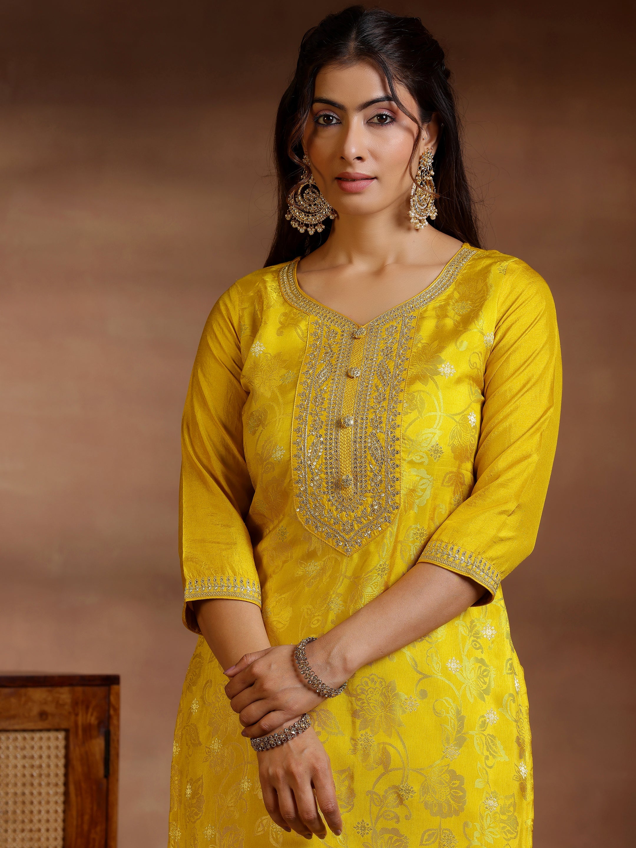 Mustard Woven Design Silk Blend Straight Suit With Dupatta