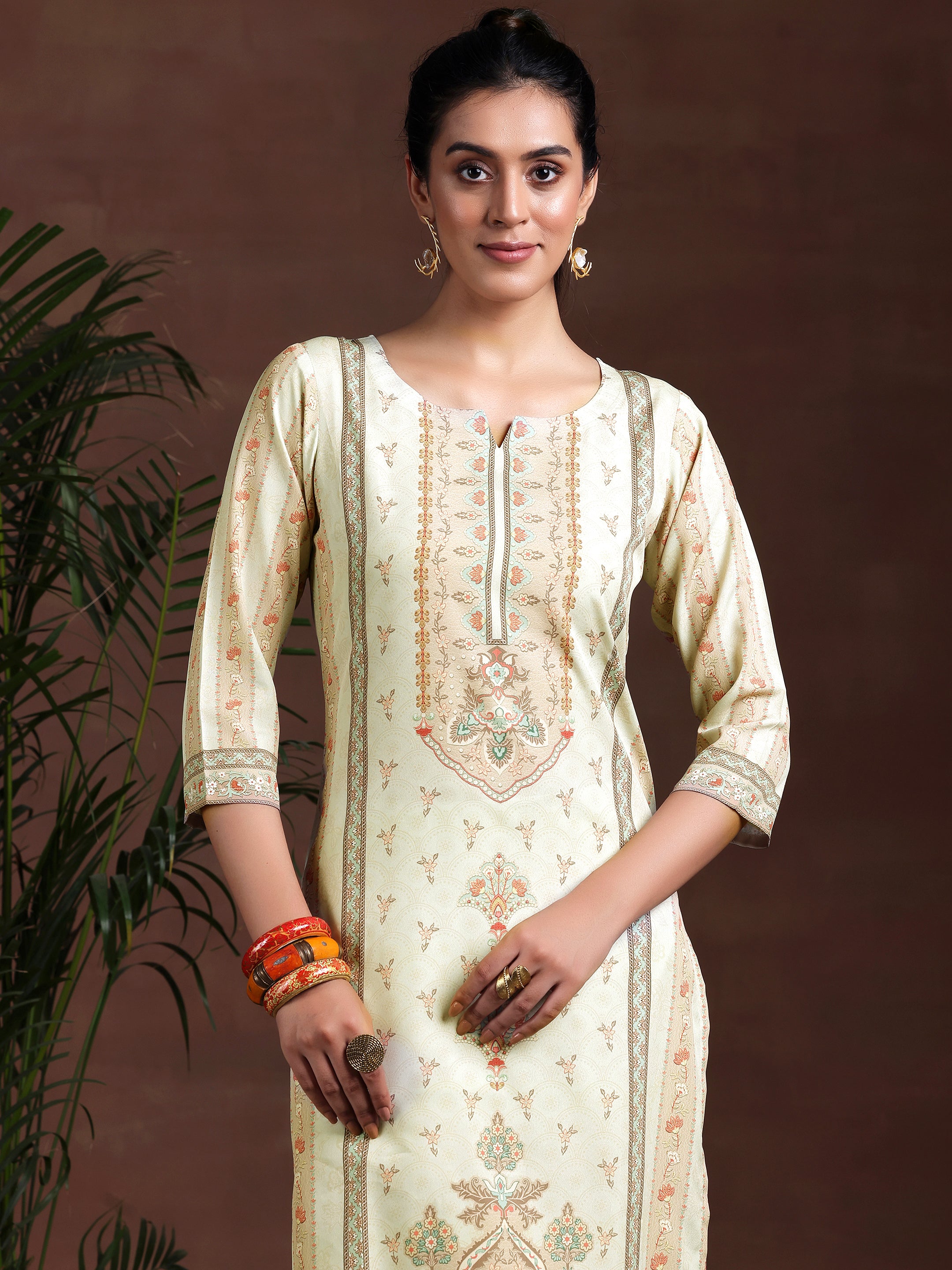 Beige Printed Poly Crepe Straight Suit With Dupatta