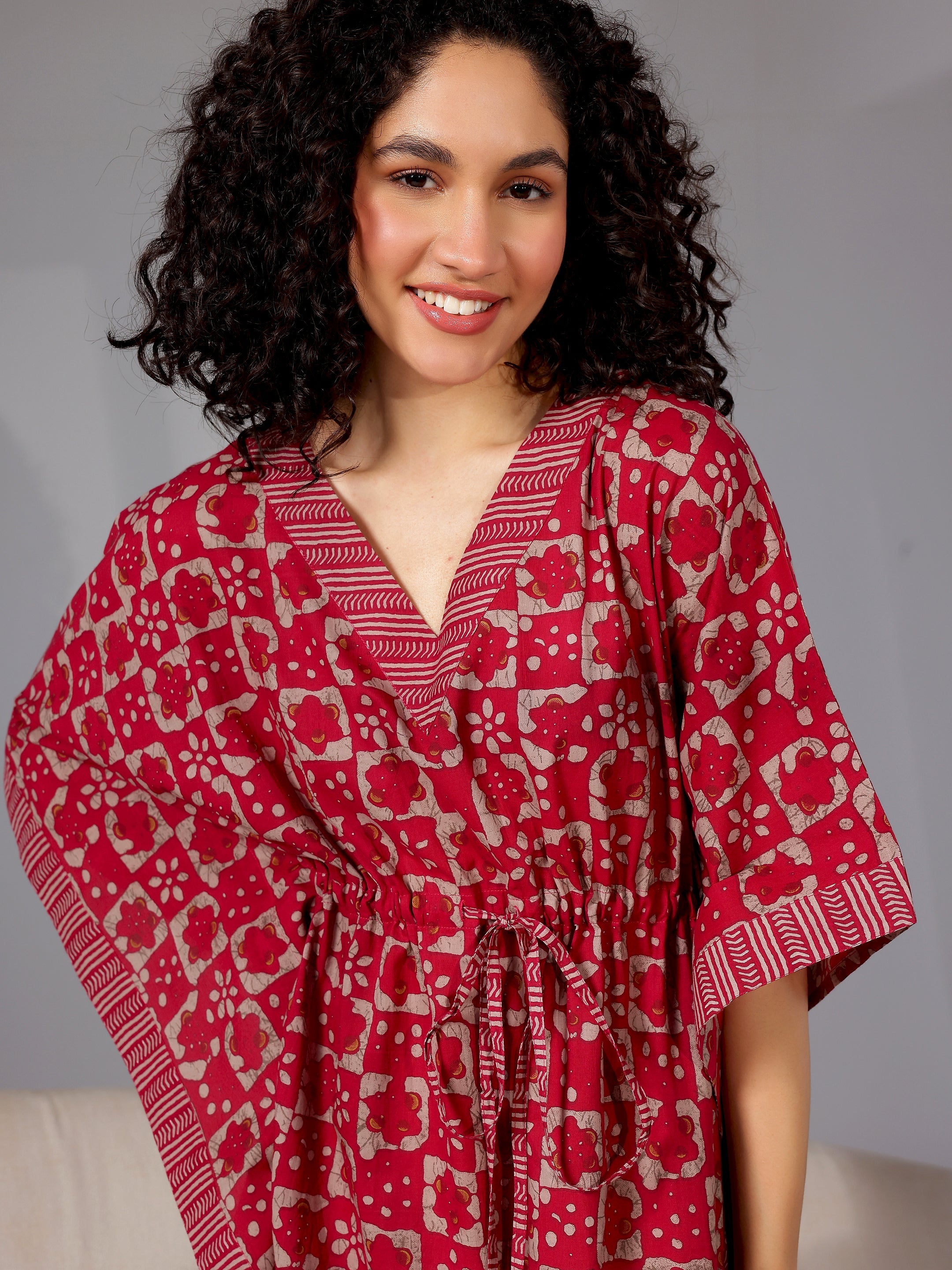 Magenta Printed Cotton Kaftan Night Dress