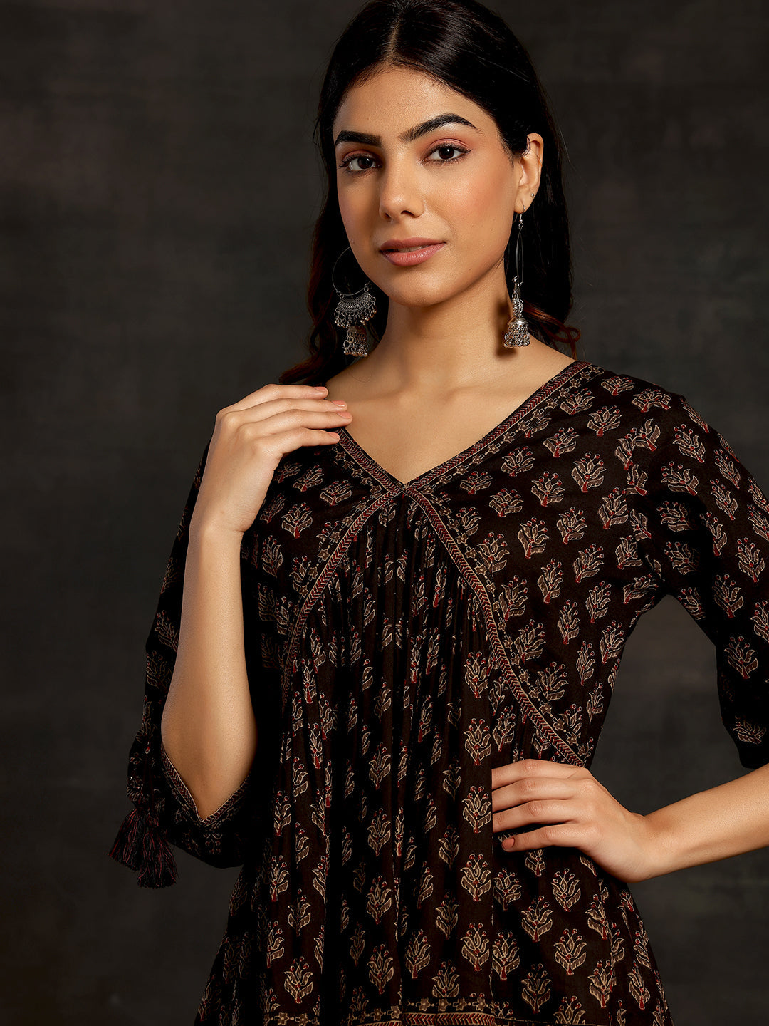 Black Printed Cotton A-Line Kurti