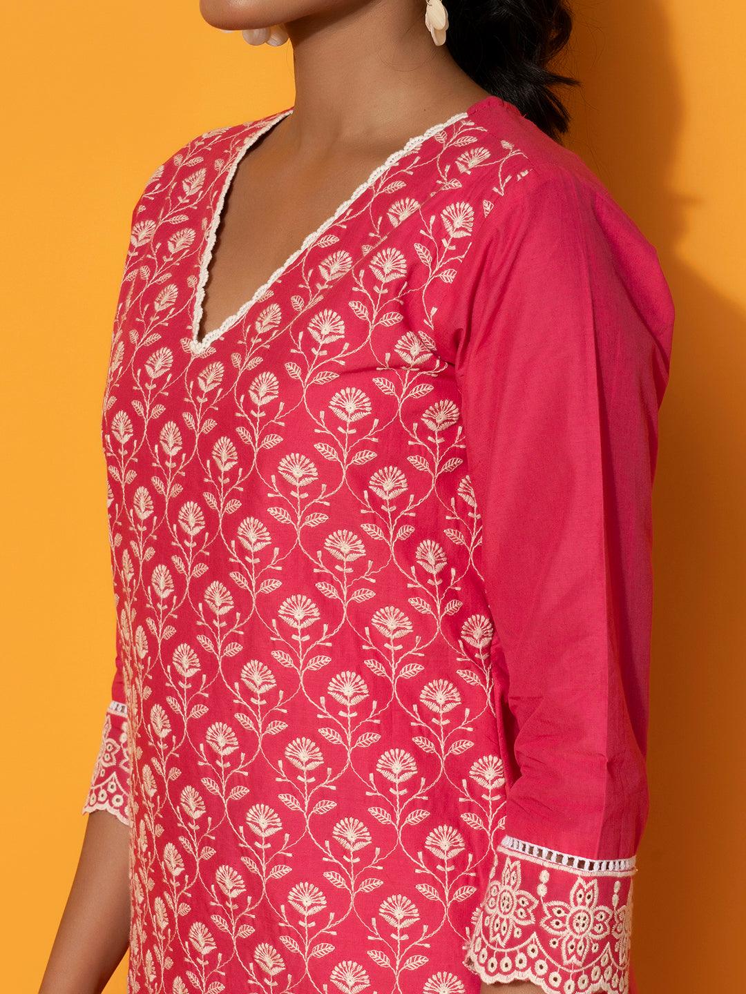 Pink Embroidered Cotton Co-Ords