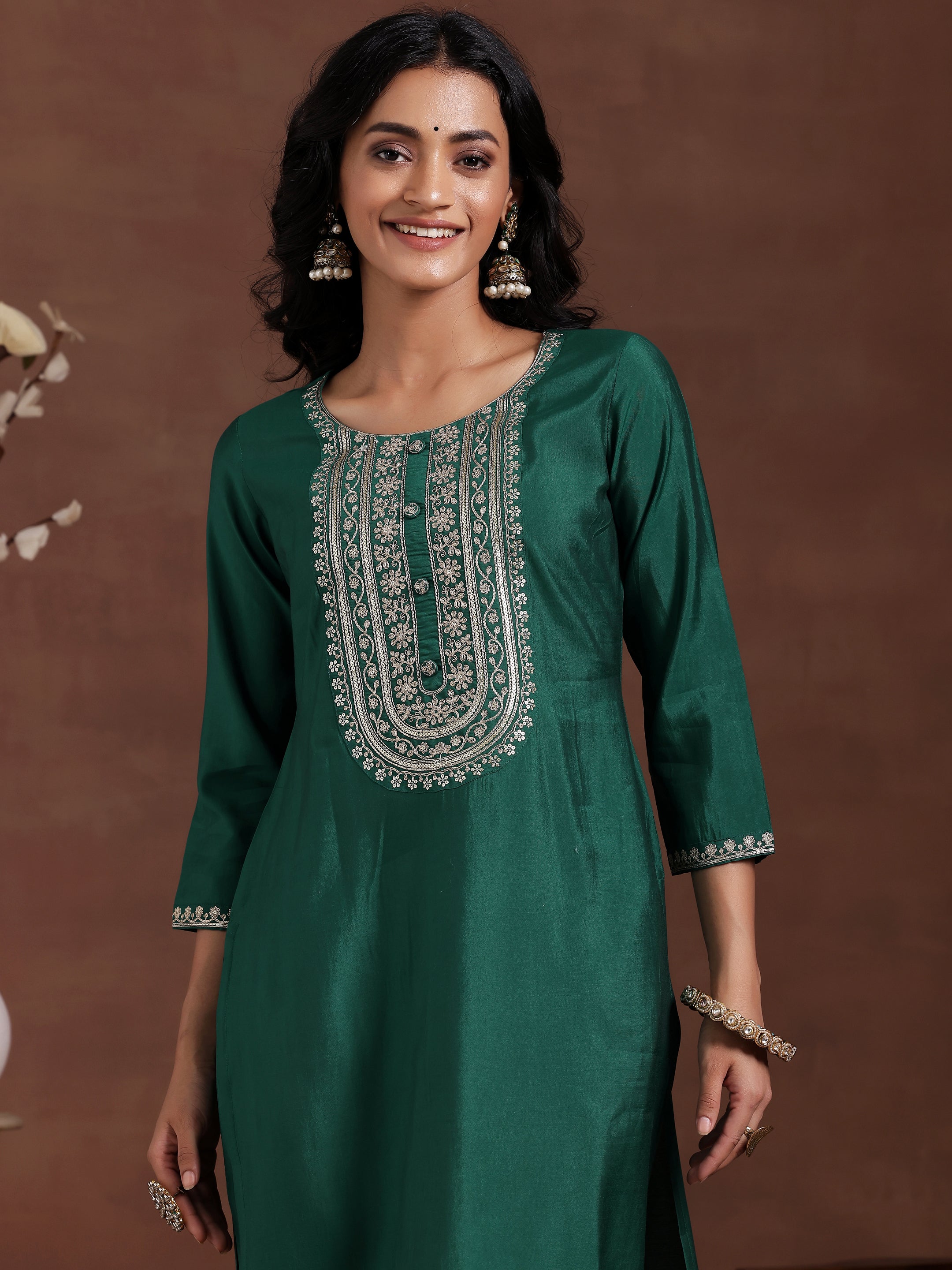 Green Yoke Design Silk Blend Straight Suit With Dupatta