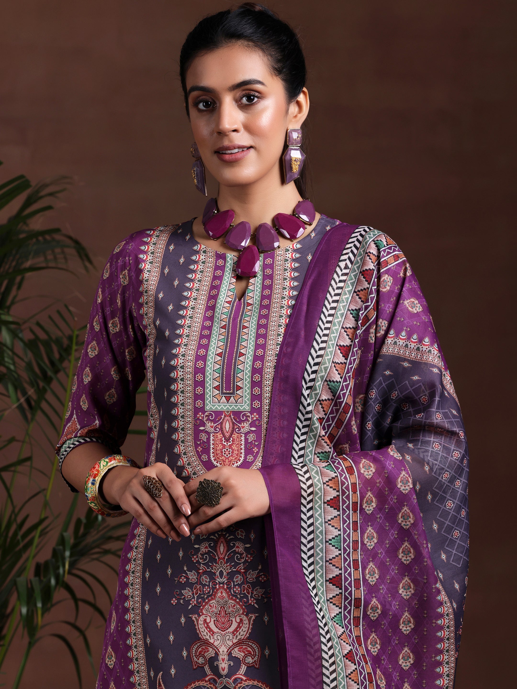 Purple Printed Poly Crepe Straight Suit With Dupatta