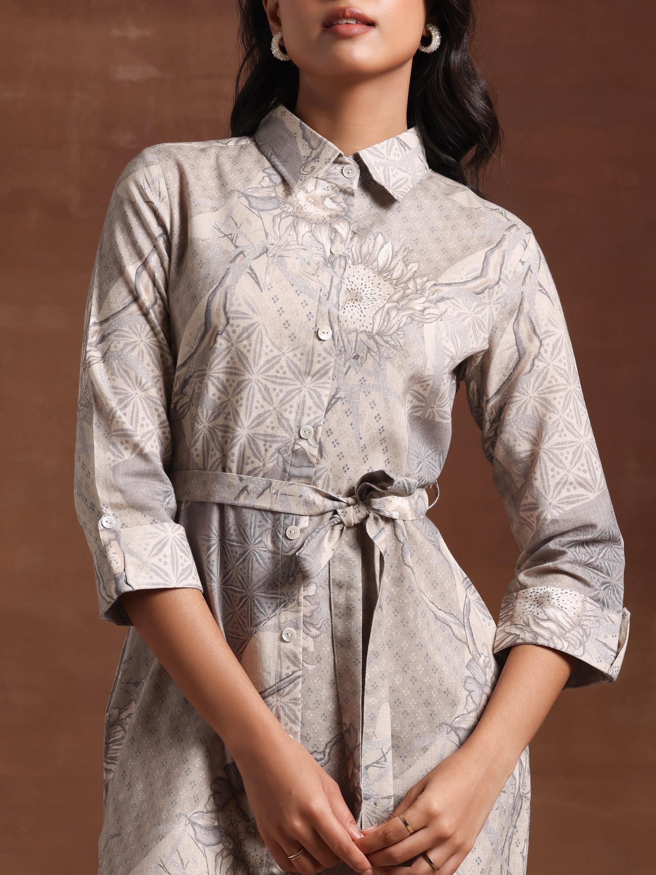 Off White Printed Linen Shirt Dress