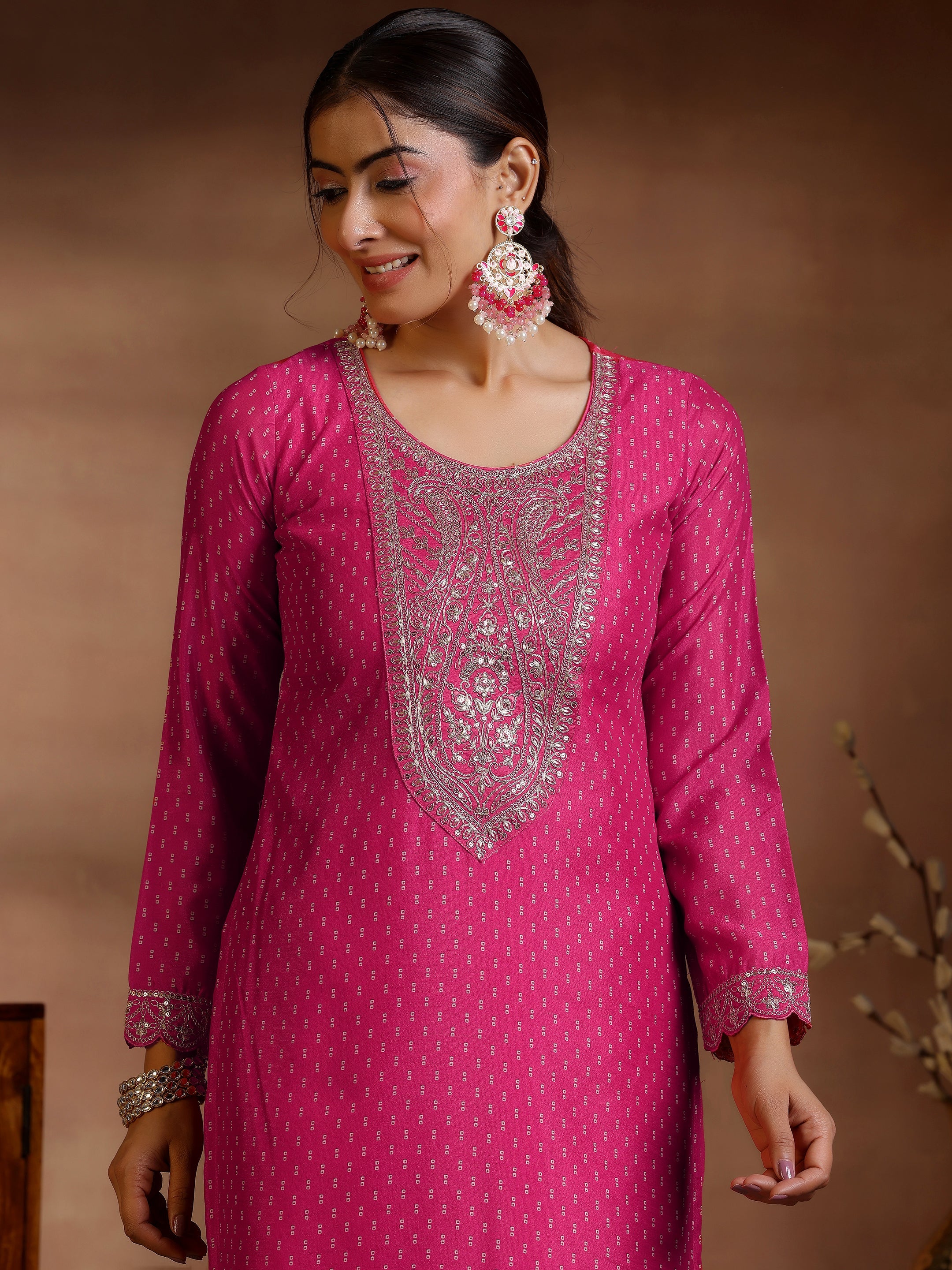 Pink Printed Silk Blend Straight Suit With Dupatta