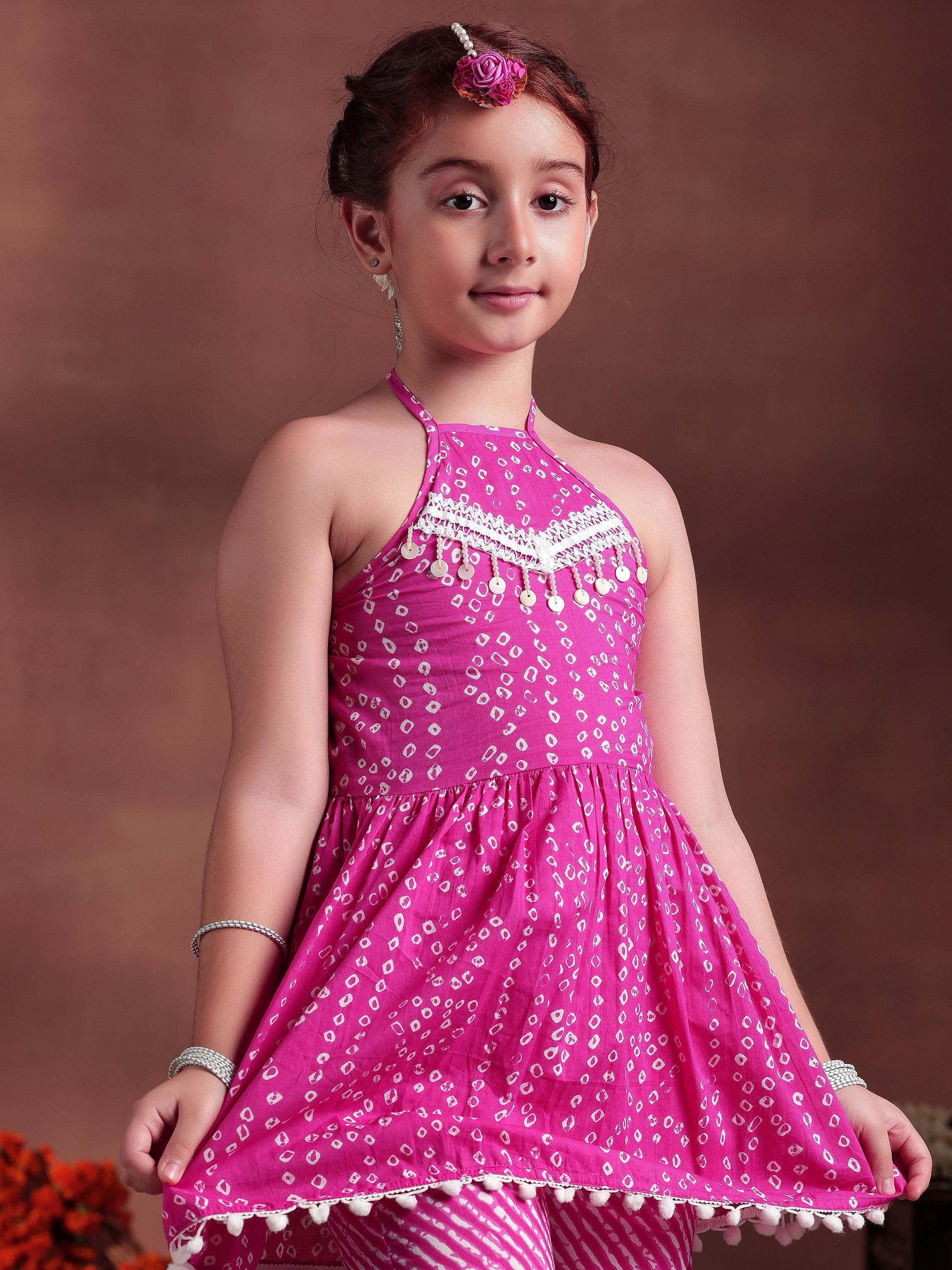 Kids Pink Printed Cotton A-Line Kurti With Palazzos & Dupatta