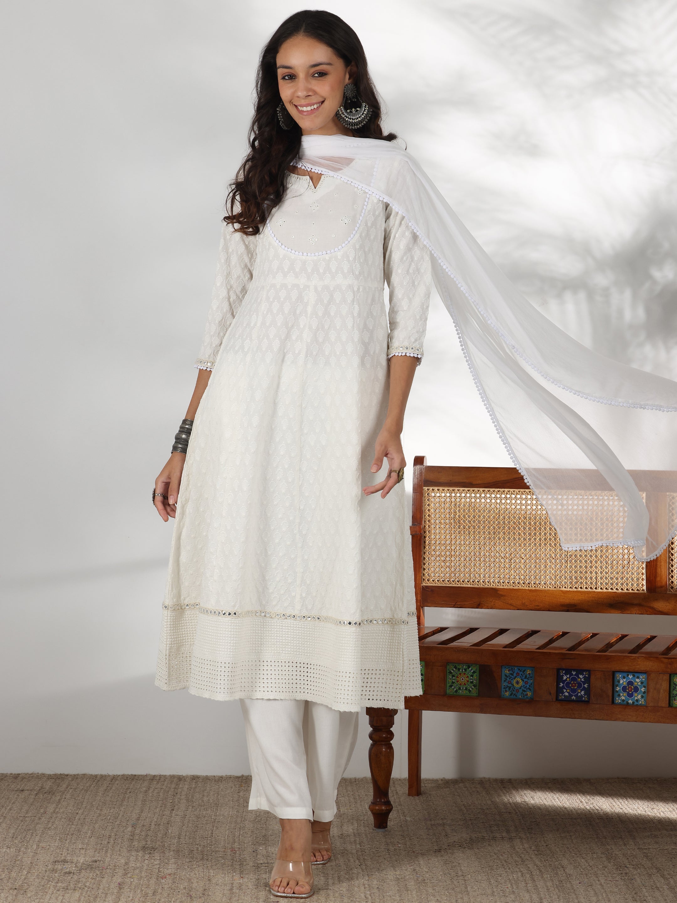 White Embroidered Cotton Anarkali Suit With Dupatta