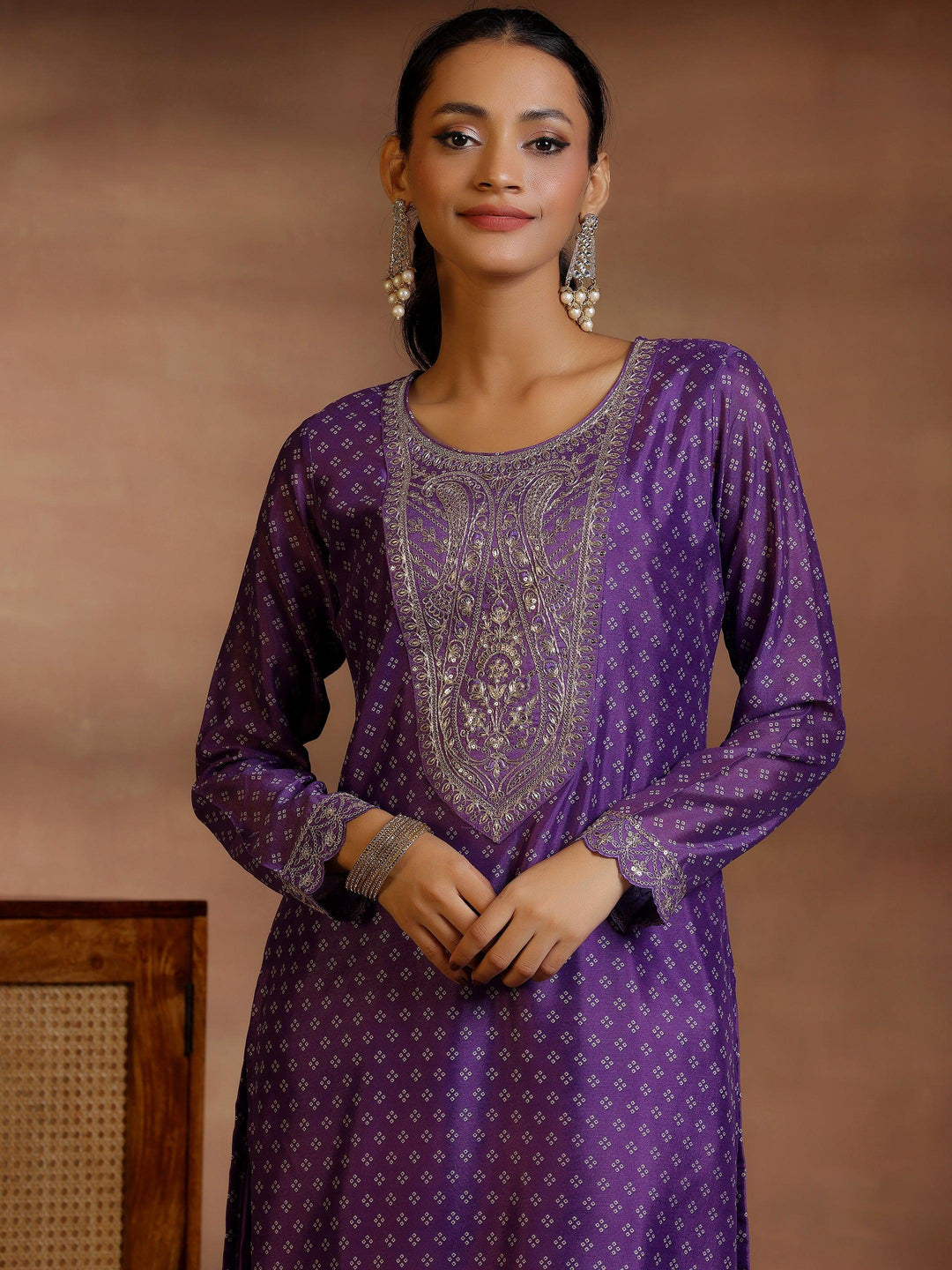 Purple Printed Silk Blend Straight Suit With Dupatta