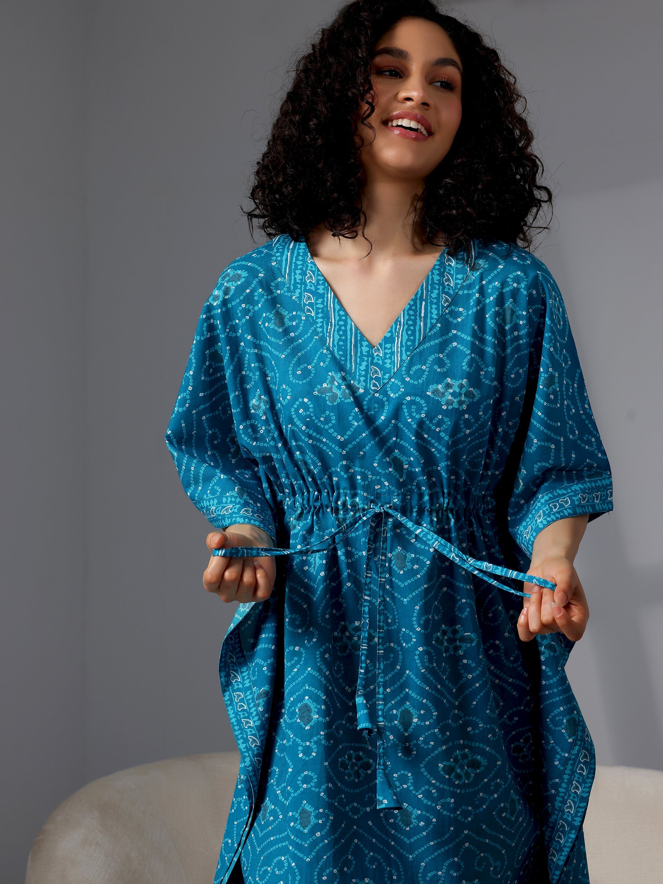 Blue Printed Cotton Kaftan Night Dress