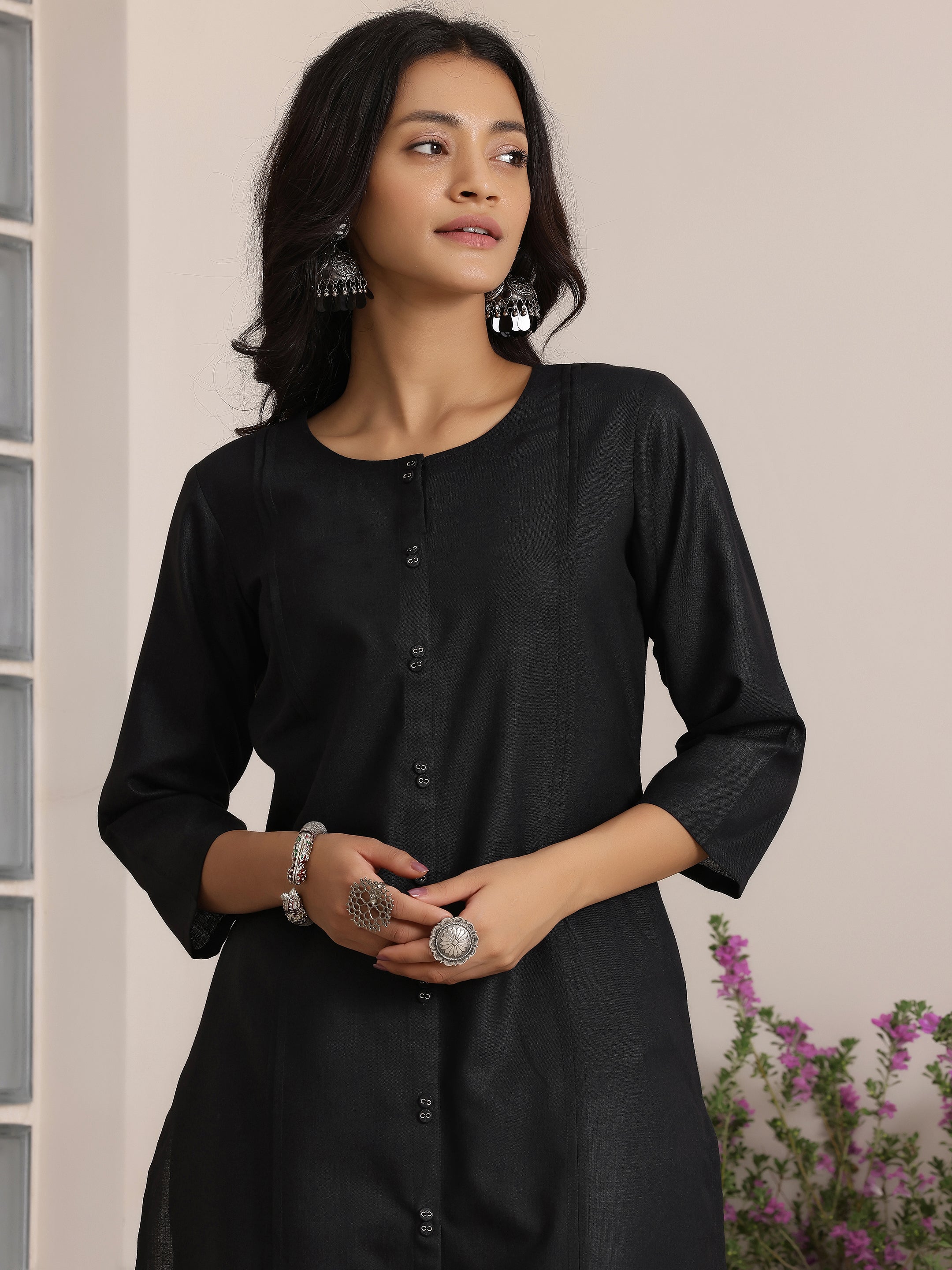 Black Solid Silk Straight Kurta