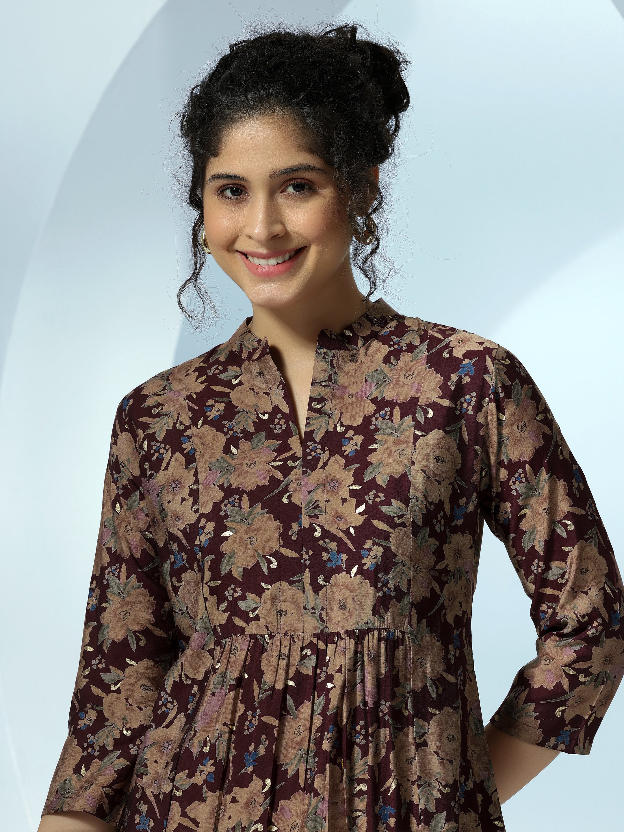 Maroon Printed Silk Blend Straight Kurti