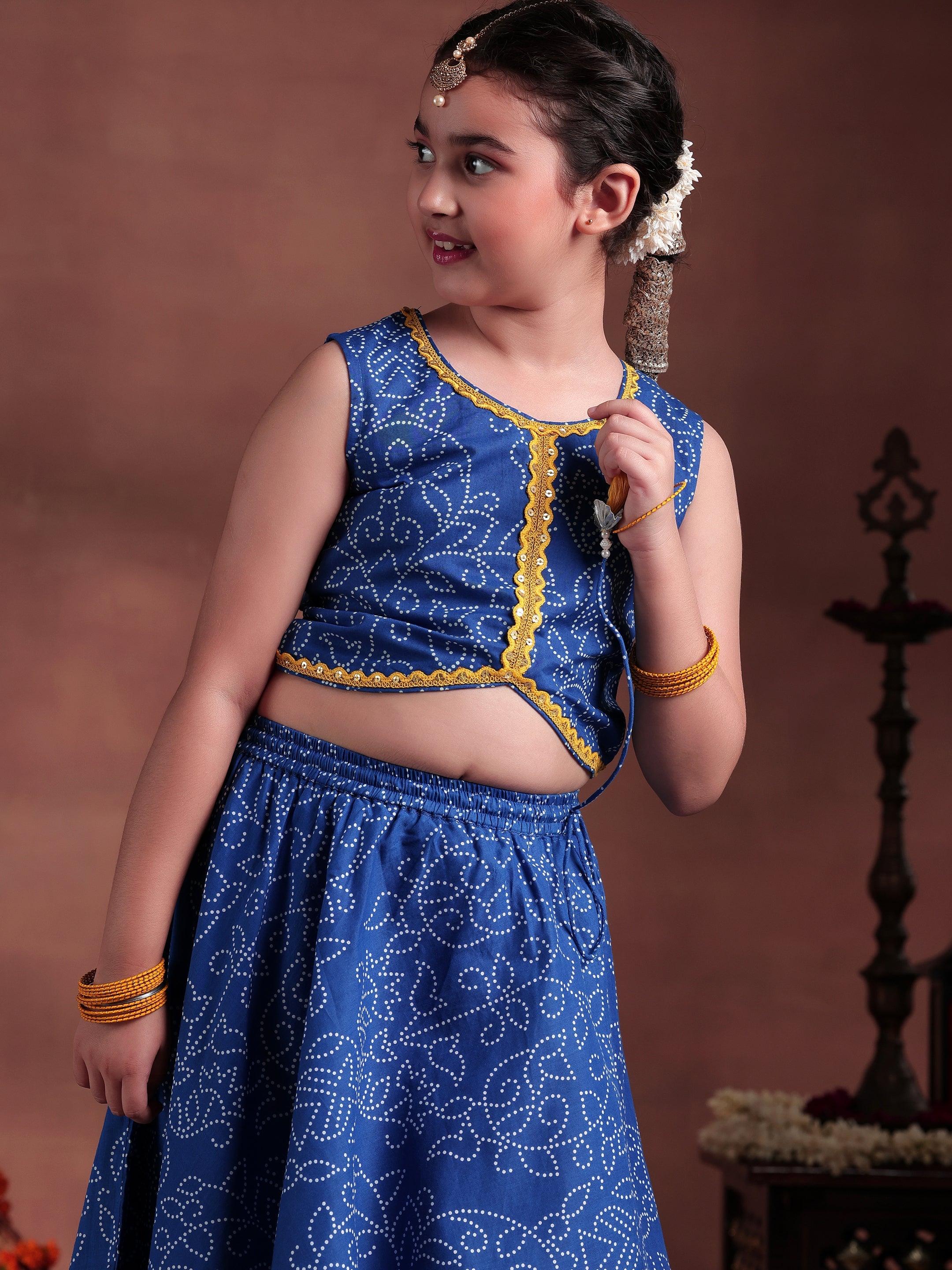 Kids Blue Printed Cotton Ready to Wear Lehenga Choli