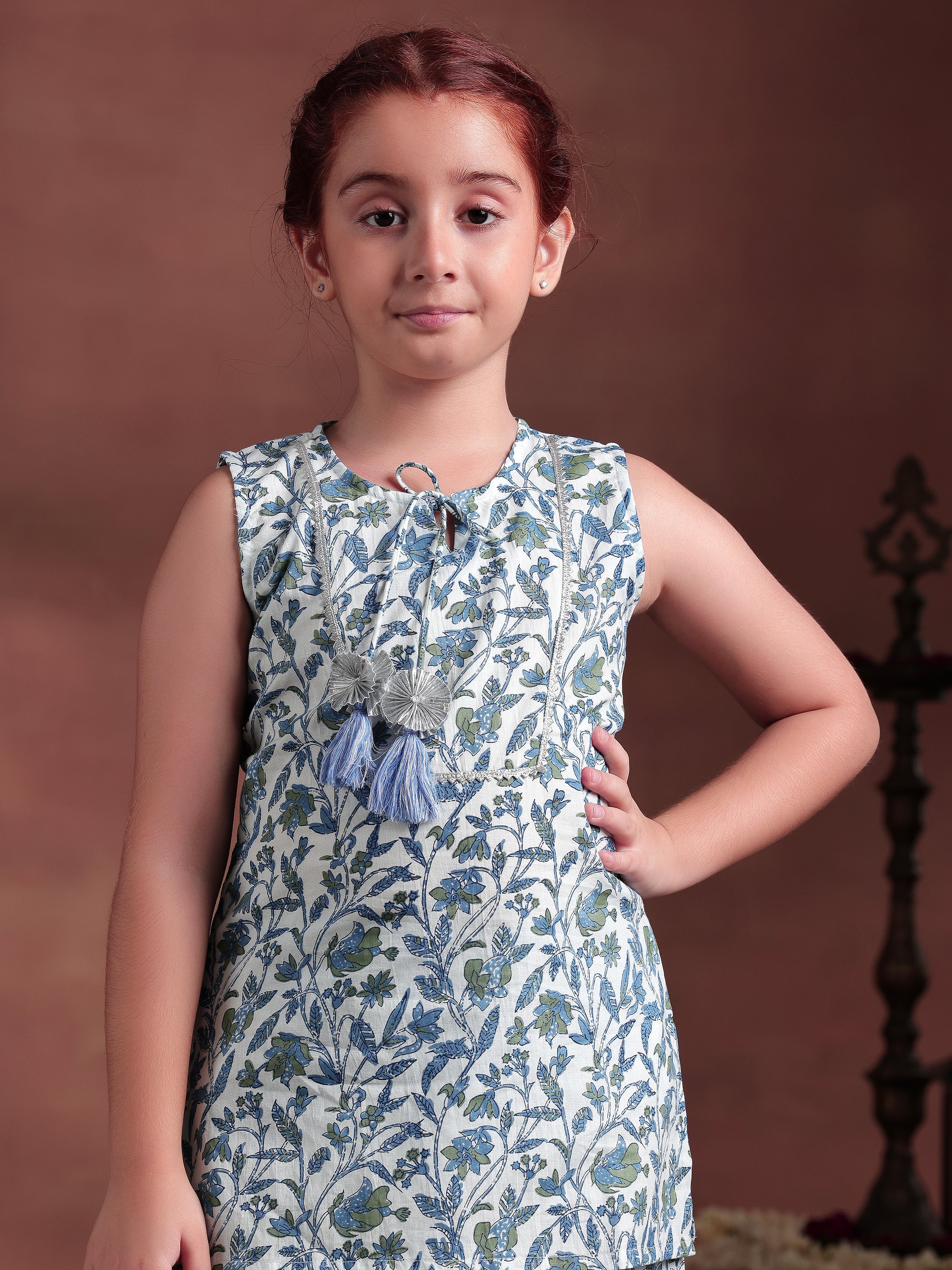 Kids White Printed Cotton Straight Suit With Dupatta