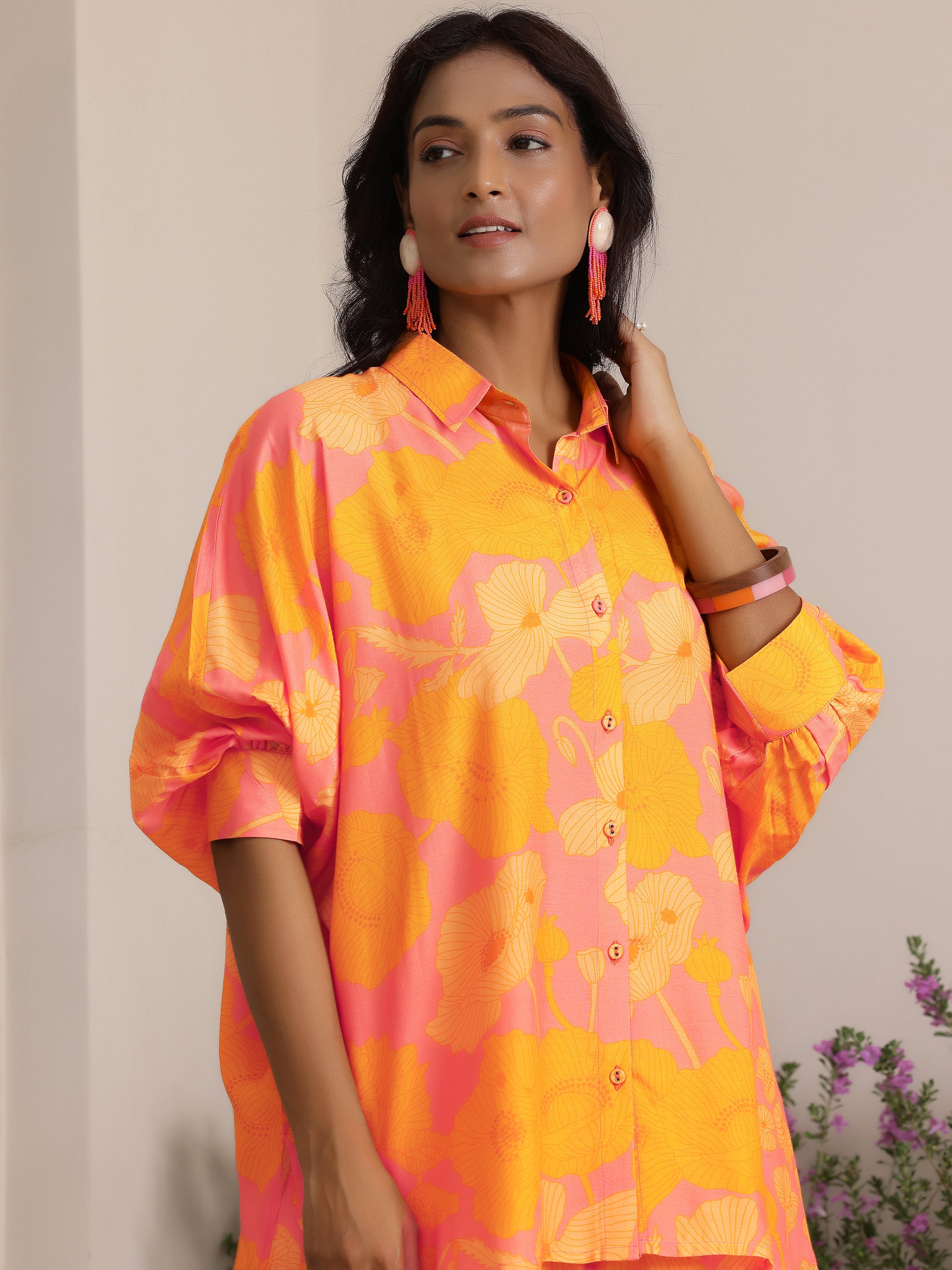 Orange Printed Silk Blend Co-Ords