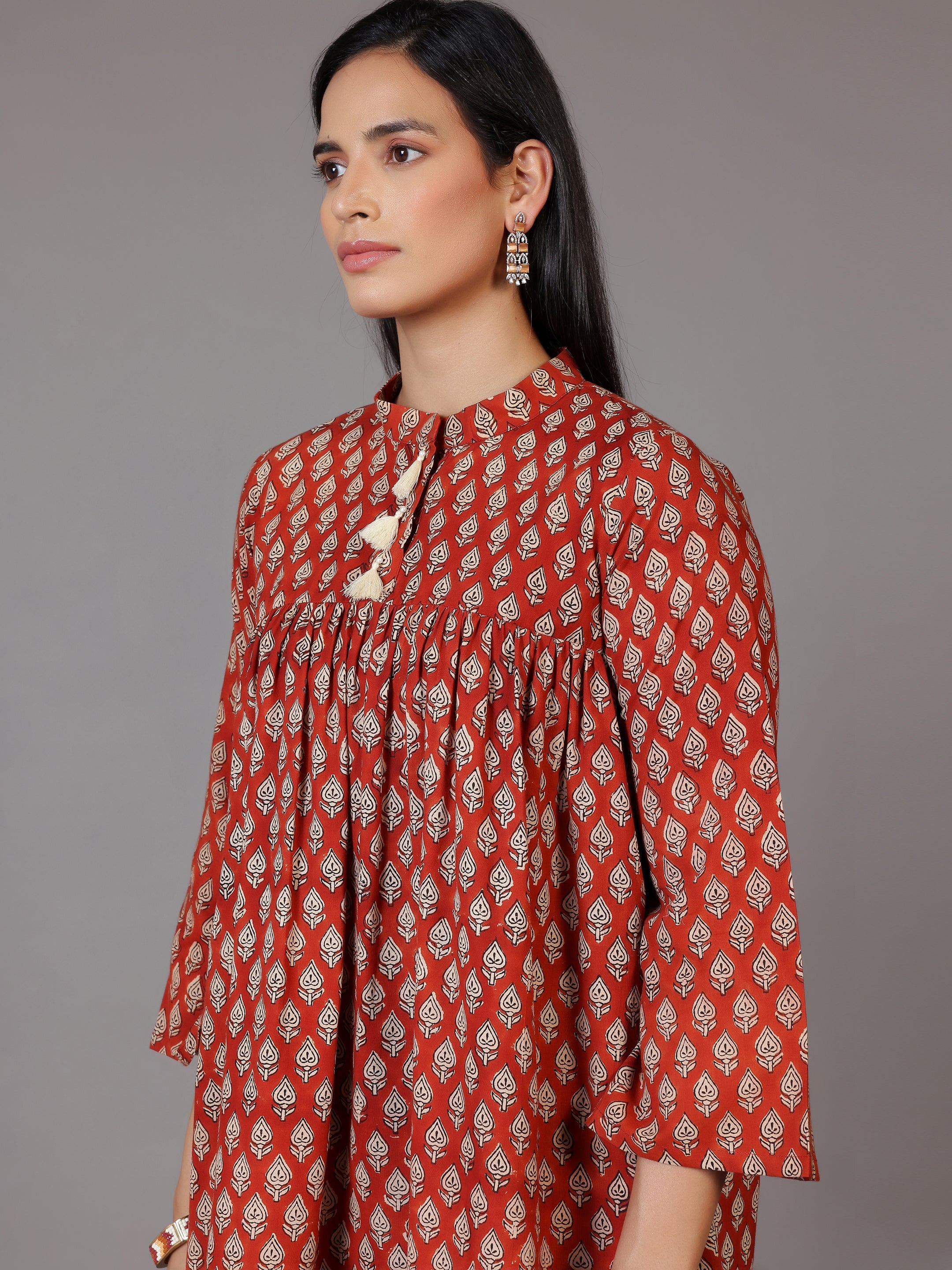 Rust Printed Cotton A-Line Kurti