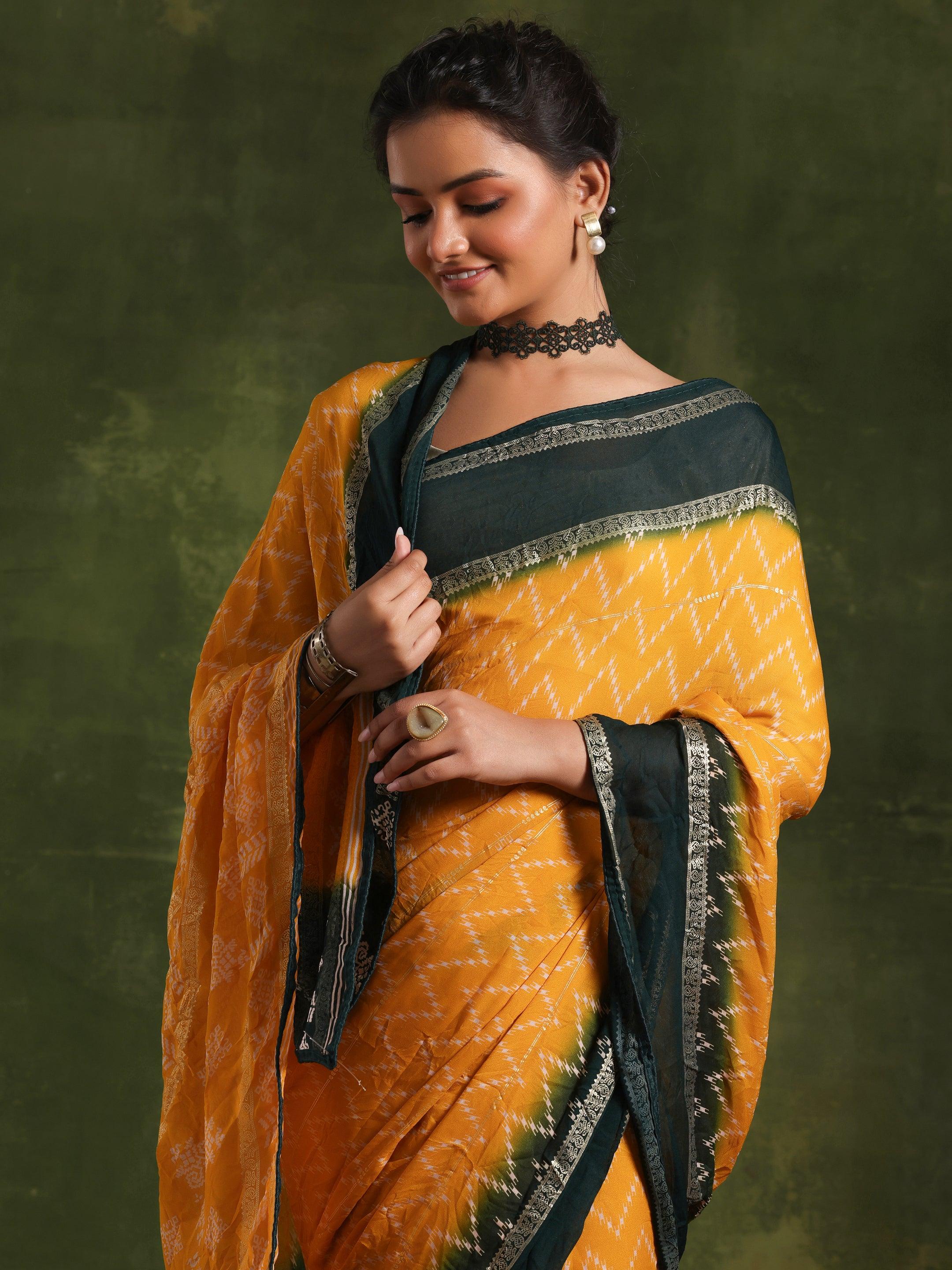 Mustard Printed Poly Georgette Saree With Unstitched Blouse Piece