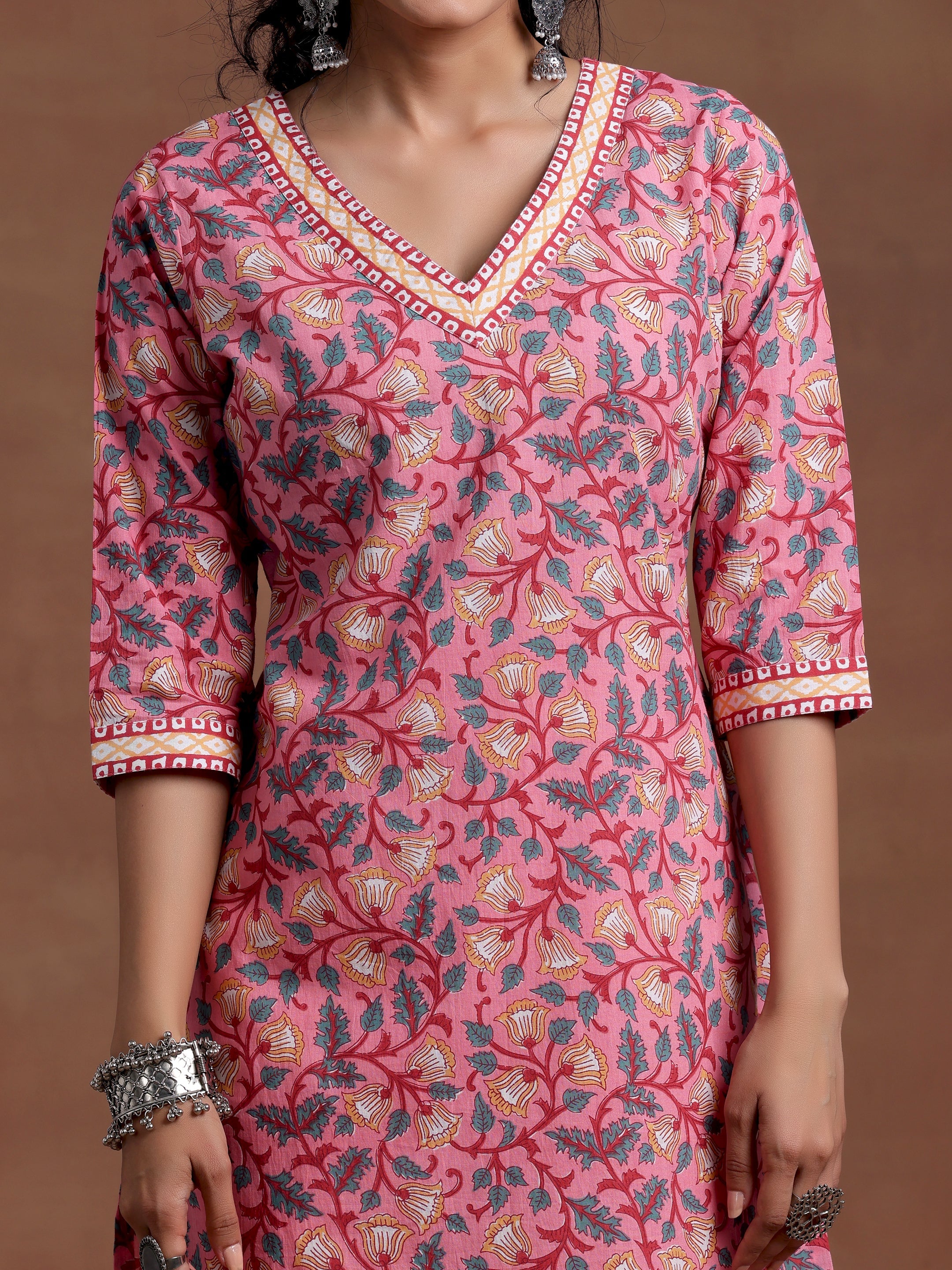 Pink Printed Cotton Straight Suit With Dupatta