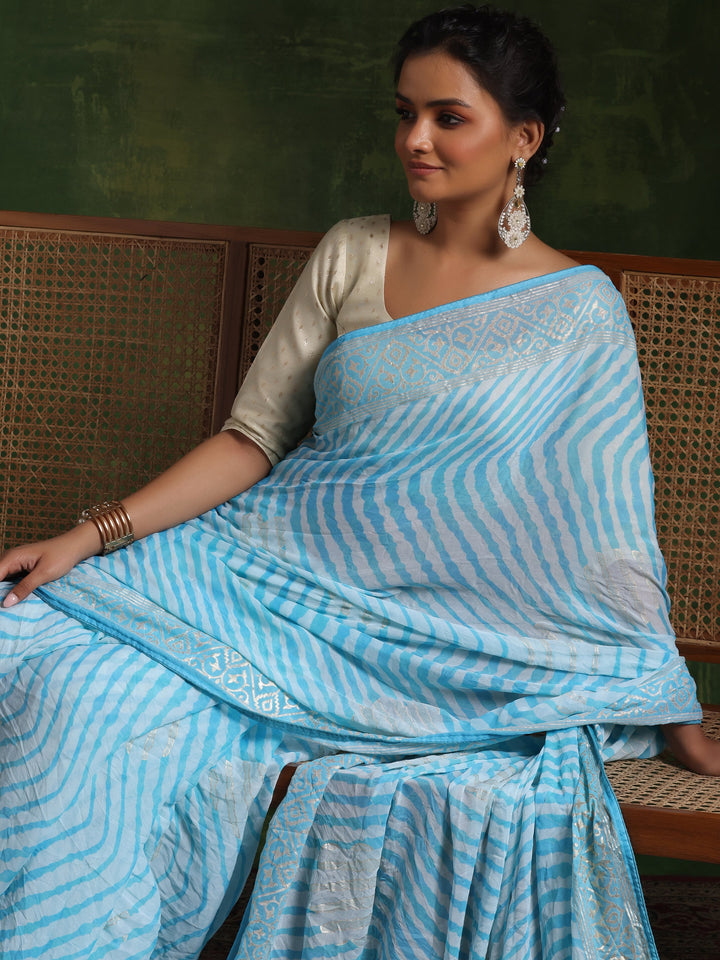 Blue Printed Poly Georgette Saree With Unstitched Blouse Piece