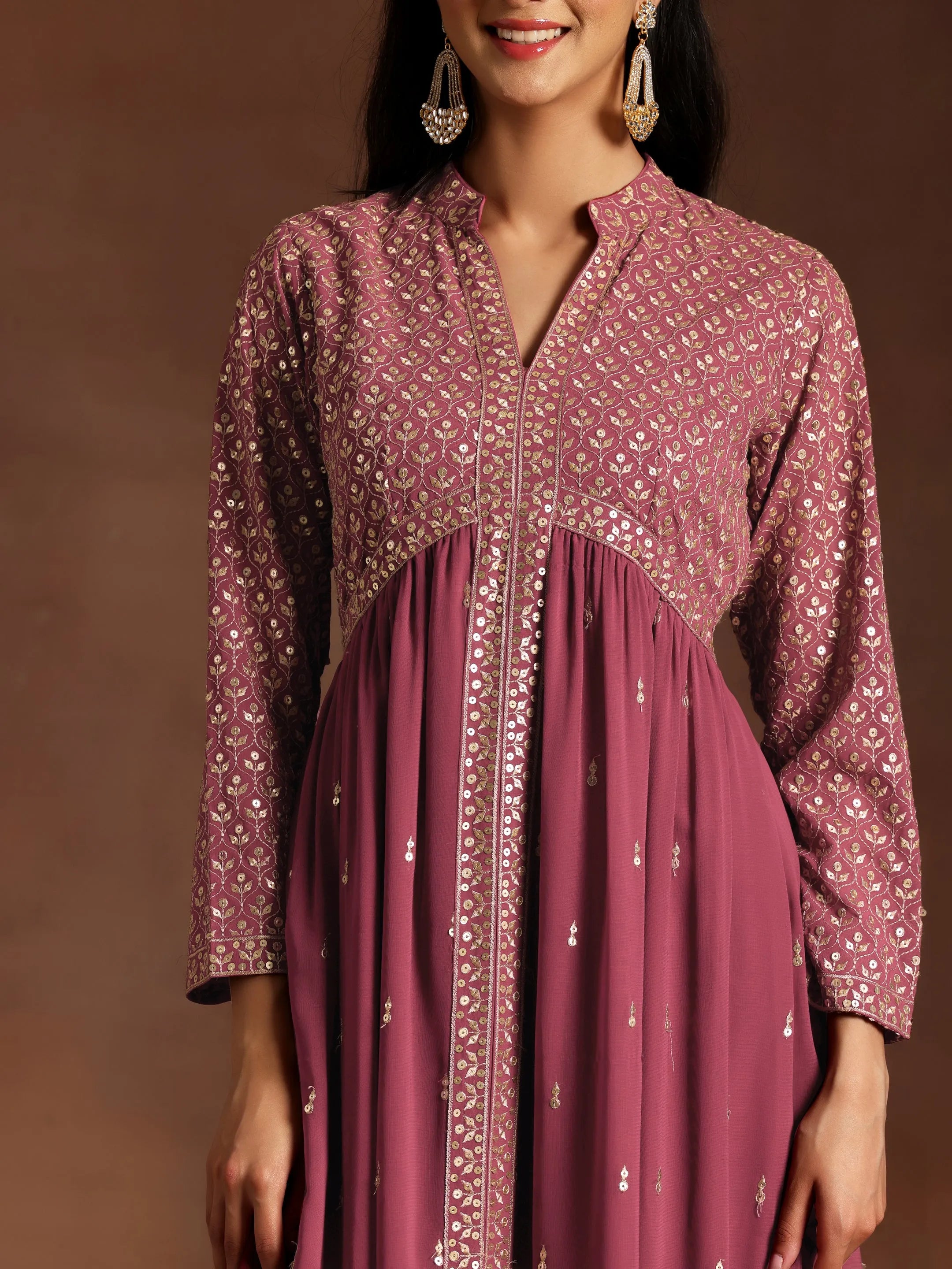 Chandni Mauve Embroidered Georgette A-Line Kurta With Trousers & Dupatta