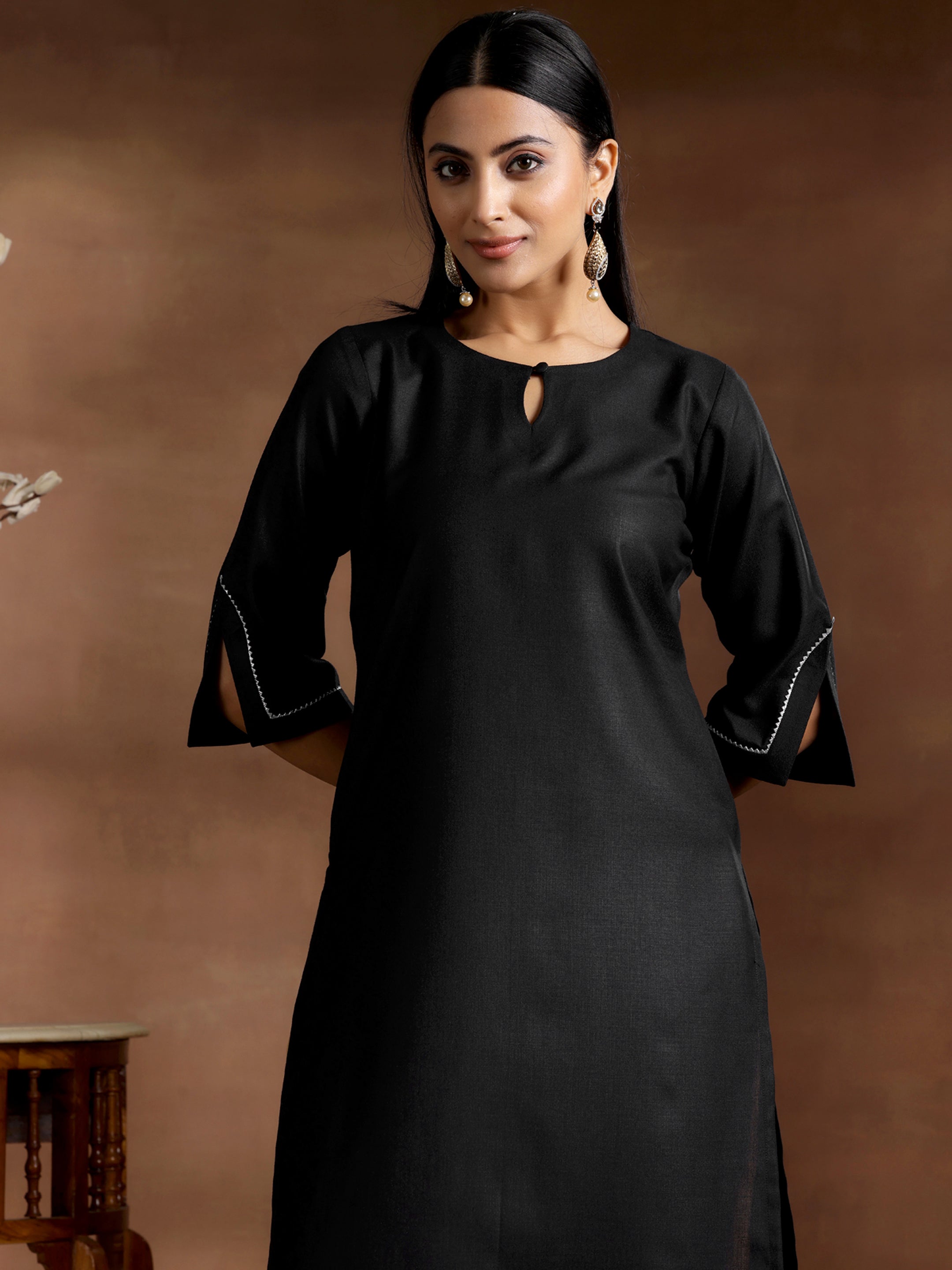 Black Solid Silk Straight Kurta