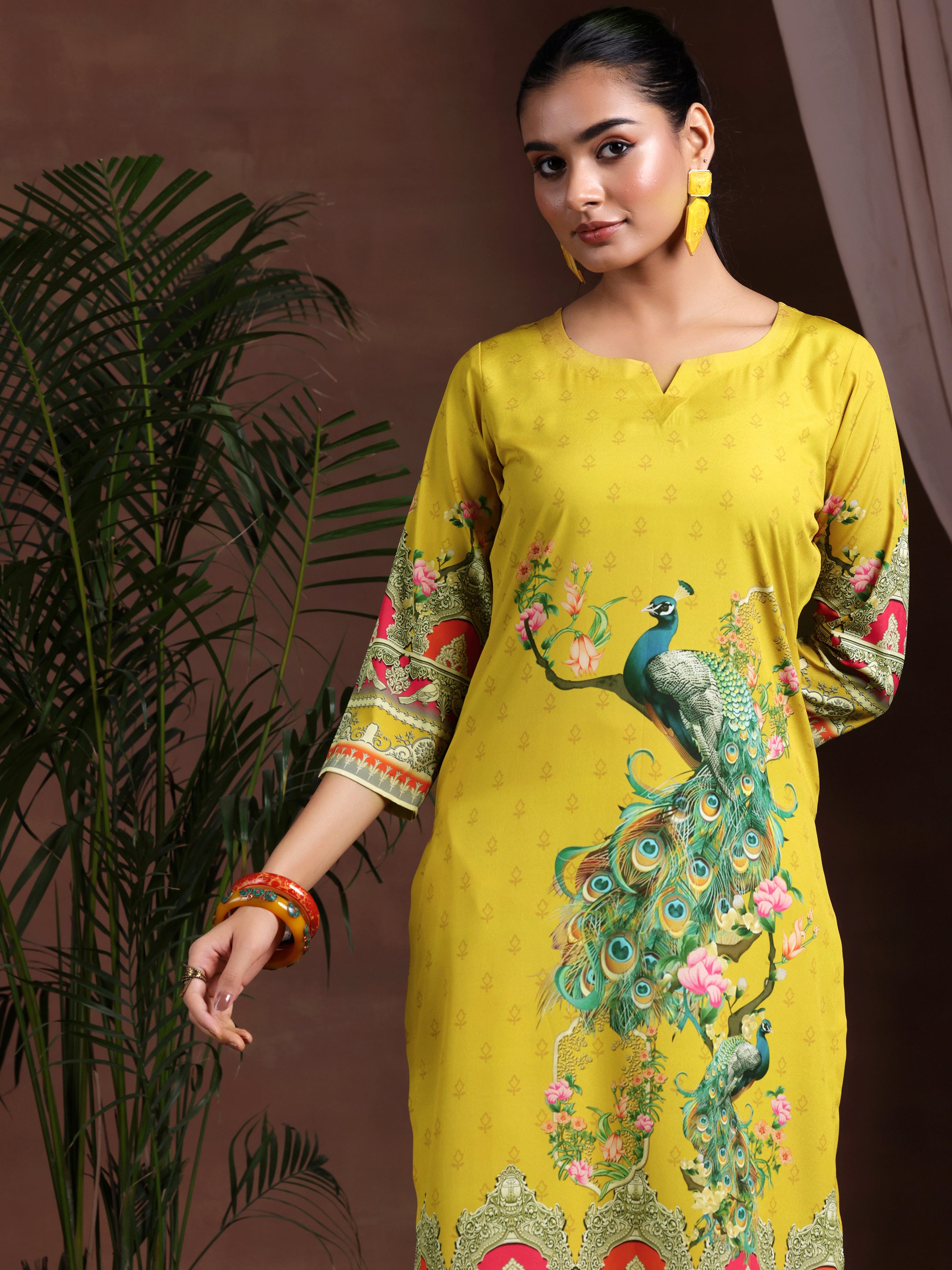 Mustard Printed Poly Crepe Straight Suit With Dupatta