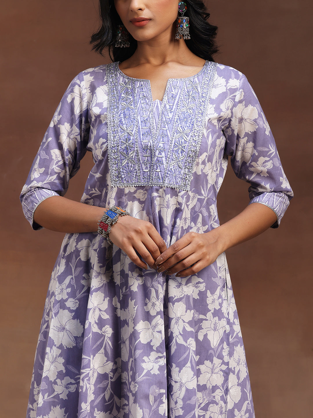 Lavender Printed Cotton Anarkali Suit With Dupatta