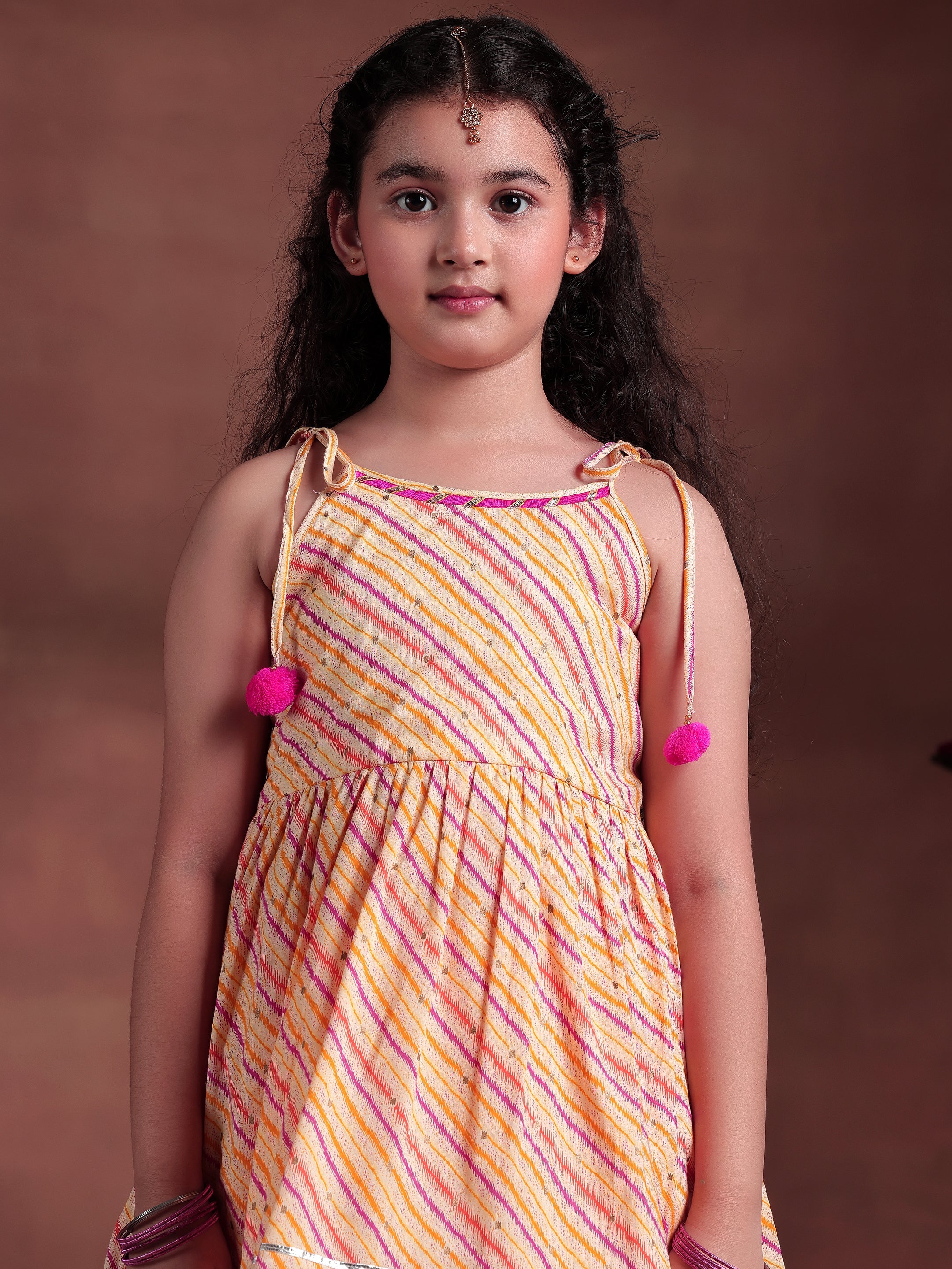 Kids Yellow Printed Cotton A-Line Kurta With Sharara & Dupatta