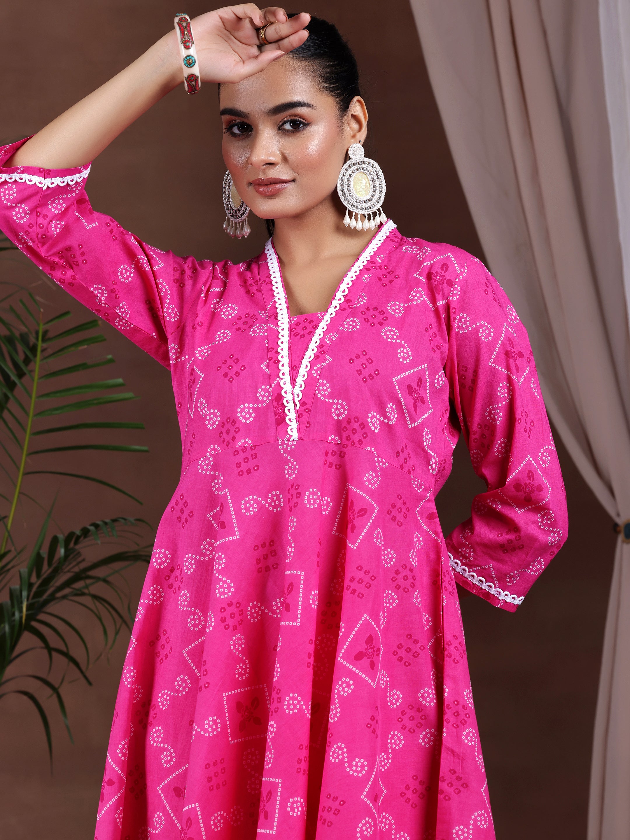 Pink Printed Cotton Anarkali Suit With Dupatta