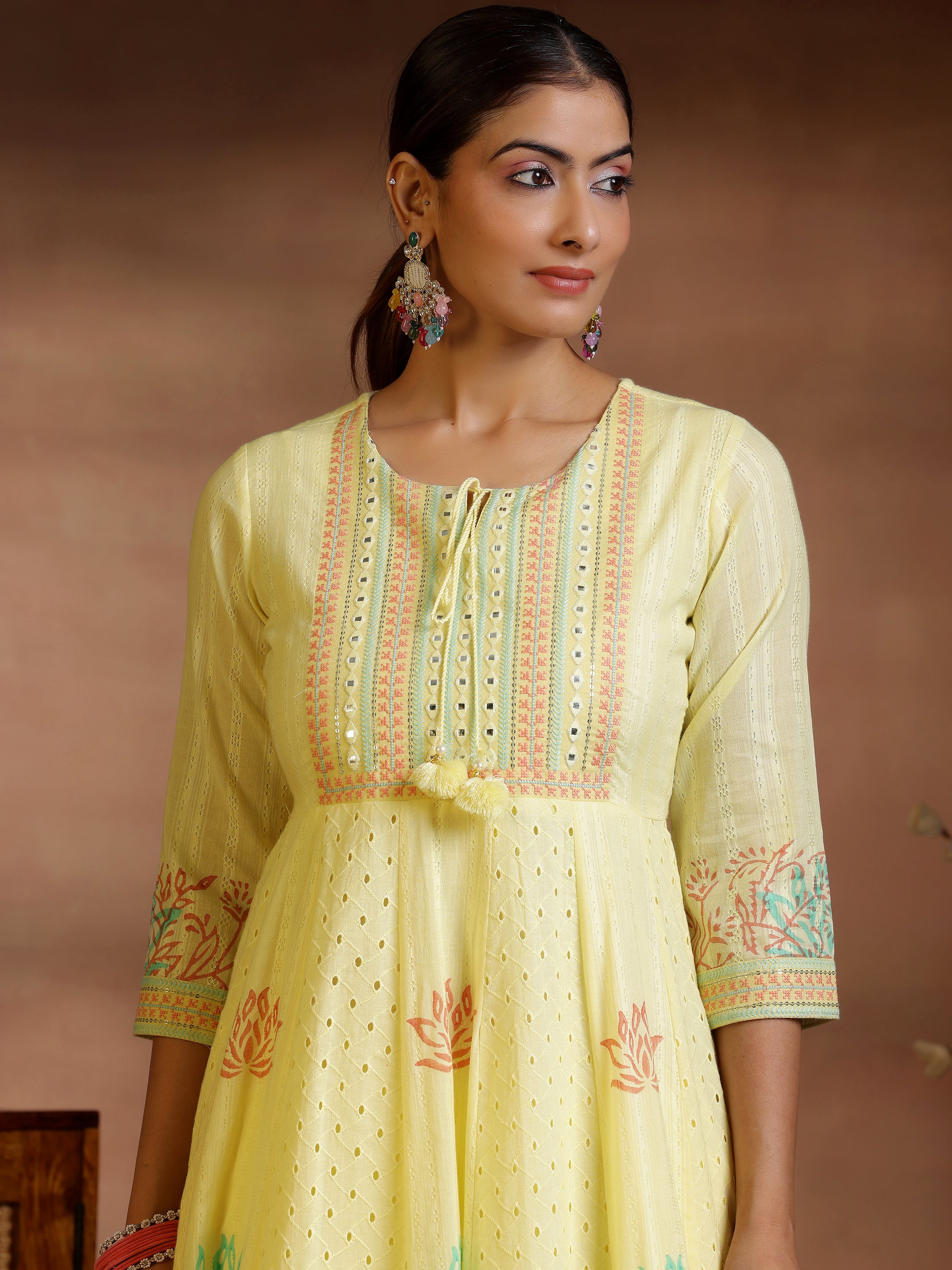 Yellow Embroidered Cotton A-Line Kurta With Trousers & Dupatta